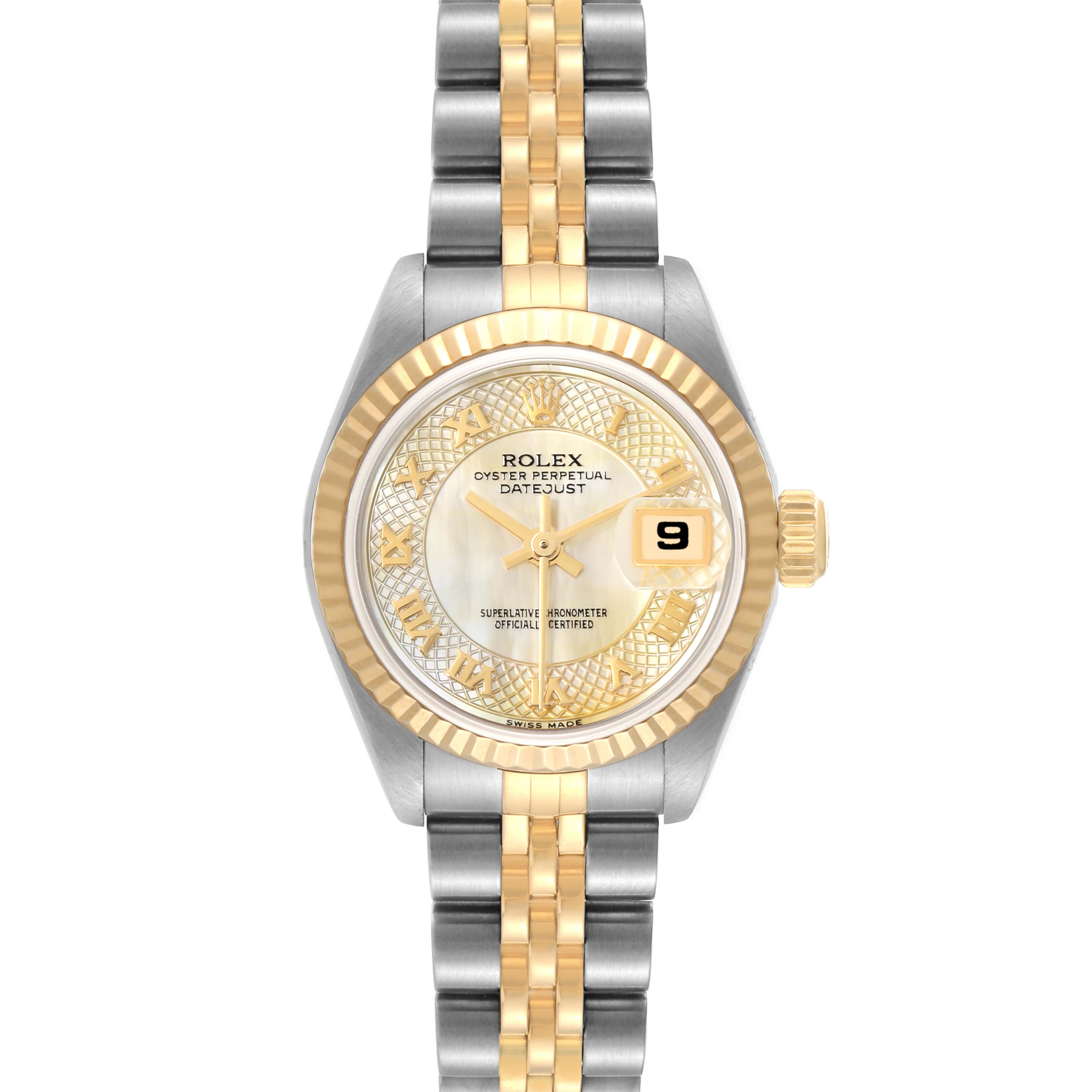 This Rolex Datejust 79173 Women's Steel and Gold (two tone) Mother of Pearl Dial 79173 Women's Steel and Gold (two tone) Mother of Pearl Dial model is shown from the front, displaying its dial, hands, bezel, date window, and bracelet.