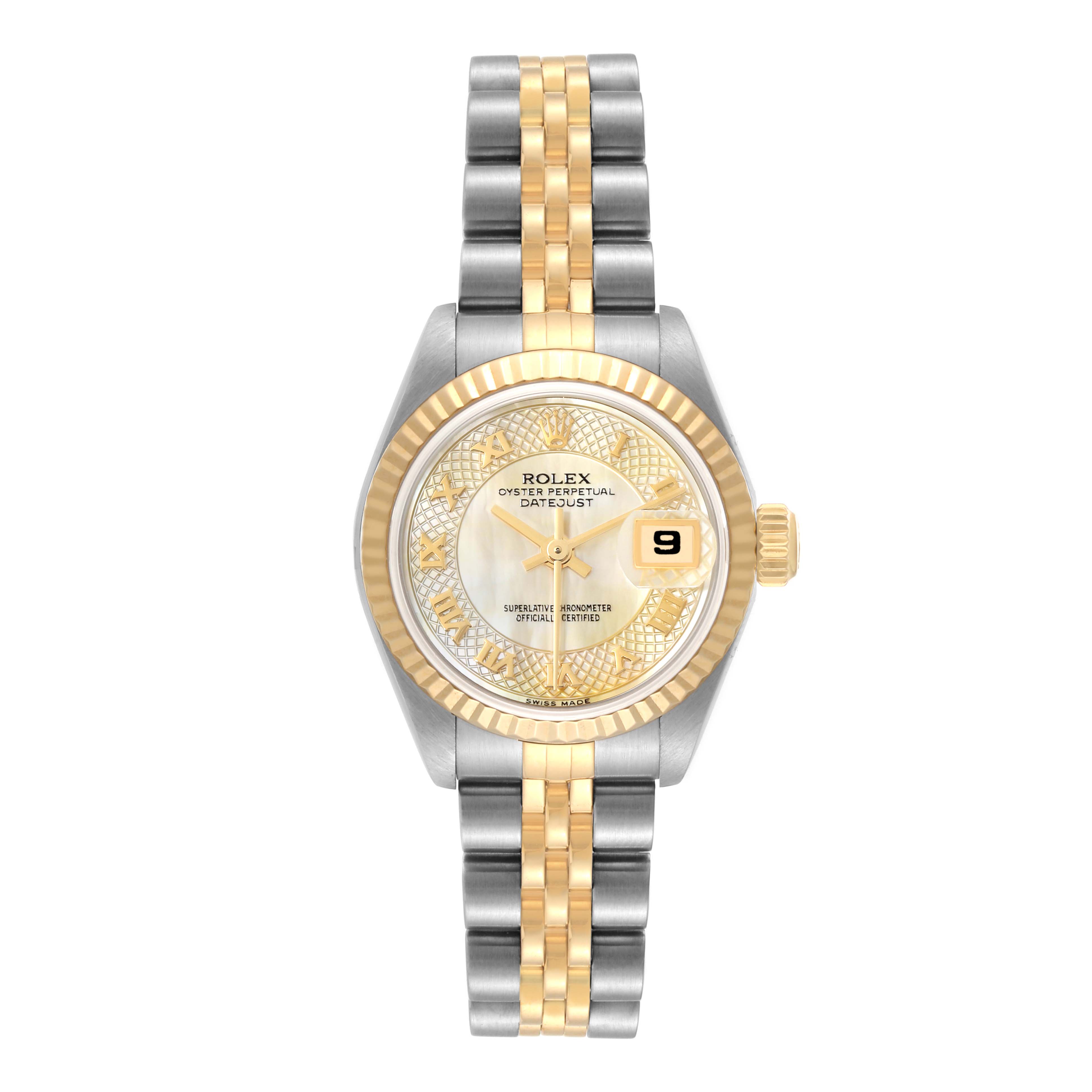 This Rolex Datejust 79173 Women's Steel and Gold (two tone) Mother of Pearl Dial 79173 Women's Steel and Gold (two tone) Mother of Pearl Dial watch is shown from a frontal angle, displaying the face, bezel, and bracelet.