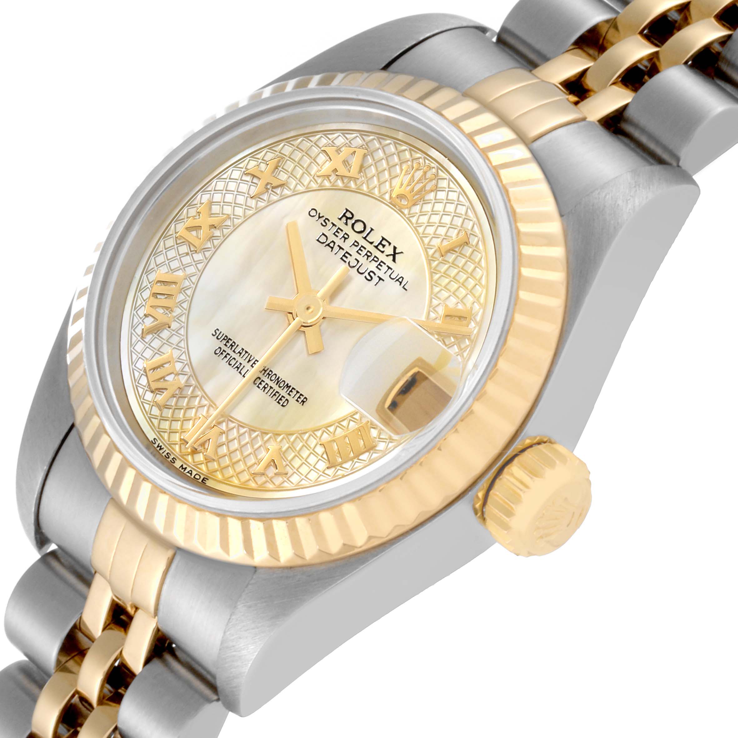 The Rolex Datejust 79173 Women's Steel and Gold (two tone) Mother of Pearl Dial 79173 Women's Steel and Gold (two tone) Mother of Pearl Dial watch is shown at an angled view, highlighting the dial, fluted bezel, and part of the bracelet.