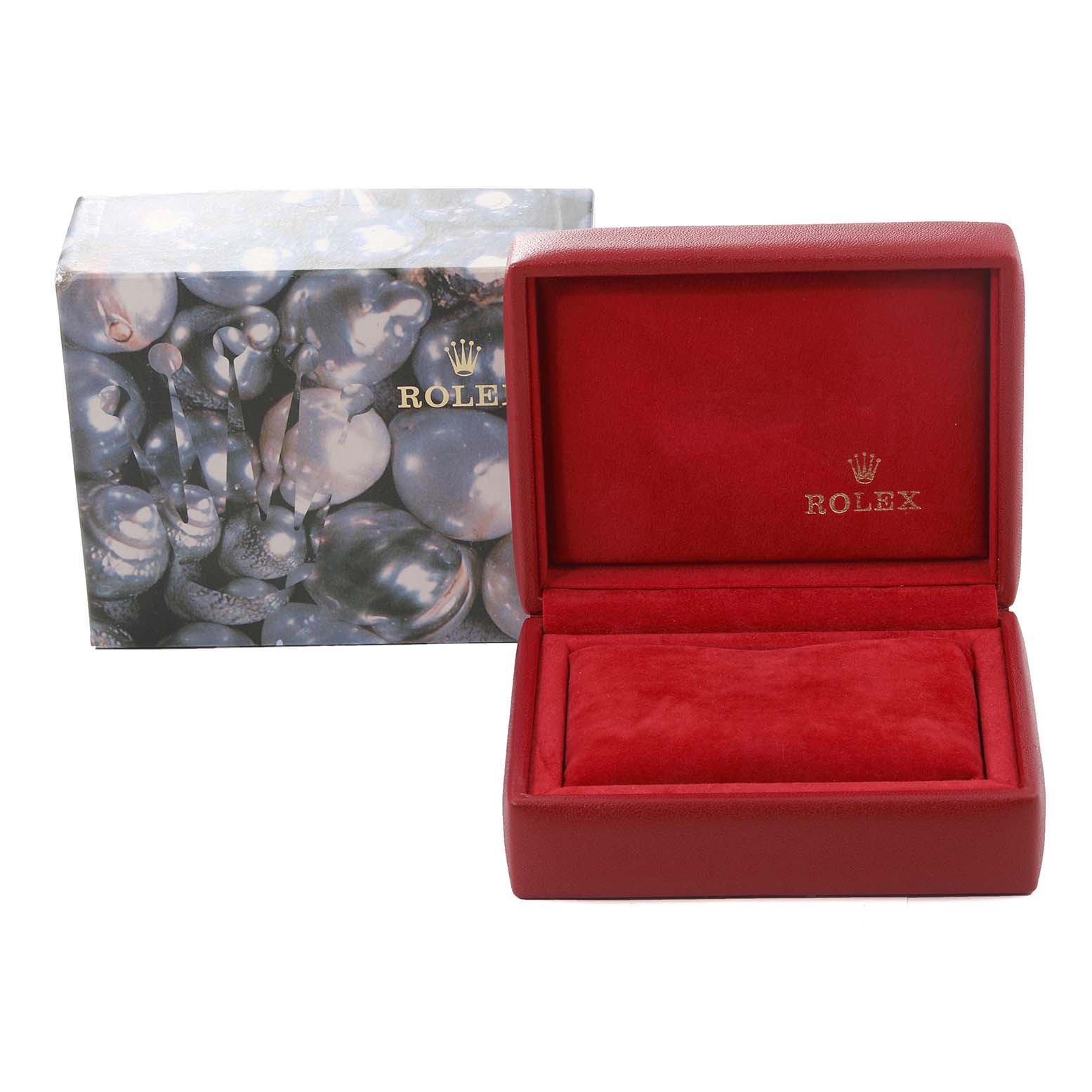 The image shows a Rolex Datejust 79173 Women's Steel and Gold (two tone) Mother of Pearl Dial 79173 Women's Steel and Gold (two tone) Mother of Pearl Dial watch's packaging, featuring a red velvet box and an outer box with a pearl design.