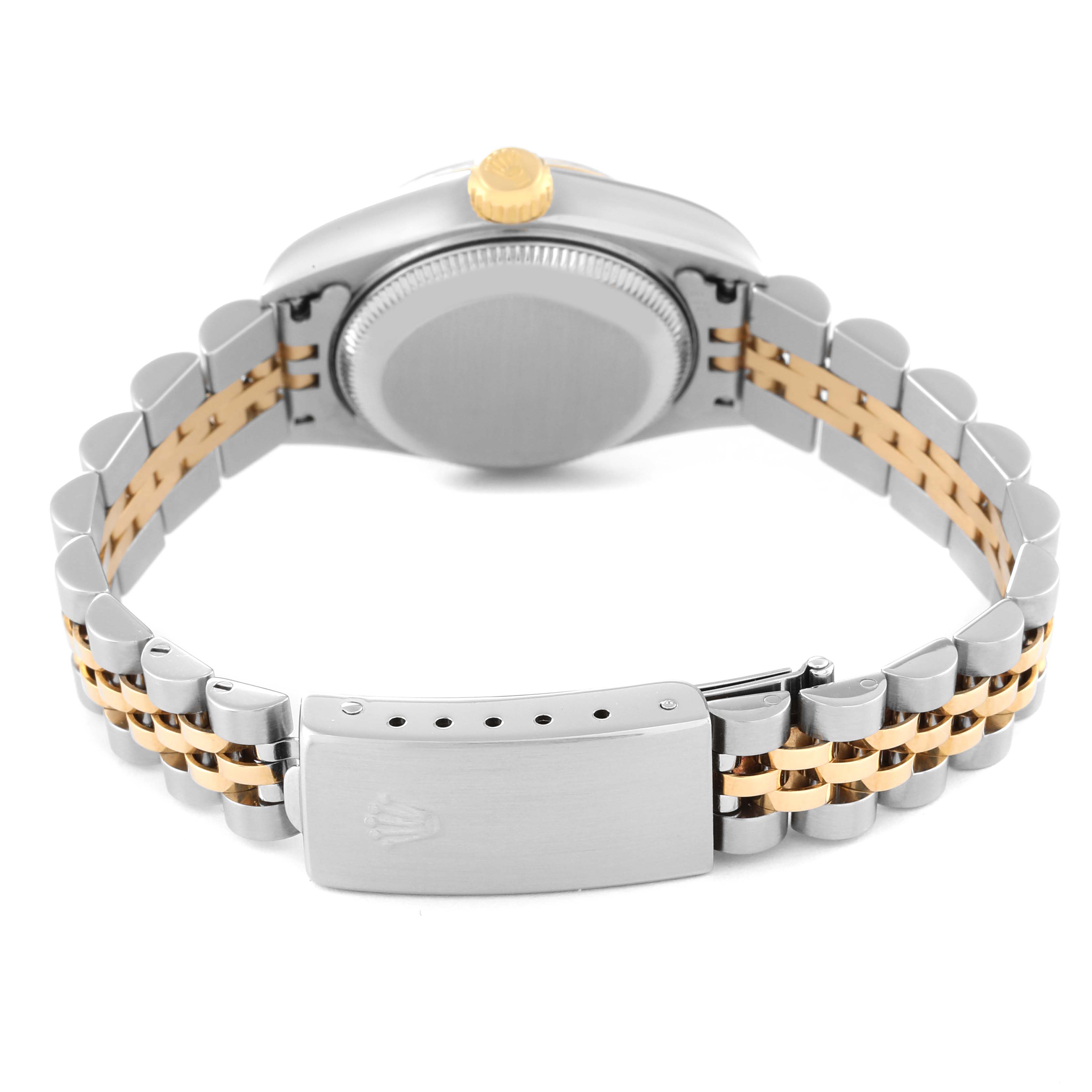This Rolex Datejust 79173 Women's Steel and Gold (two tone) Mother of Pearl Dial 79173 Women's Steel and Gold (two tone) Mother of Pearl Dial watch is shown from a rear angle, highlighting the bracelet and clasp.