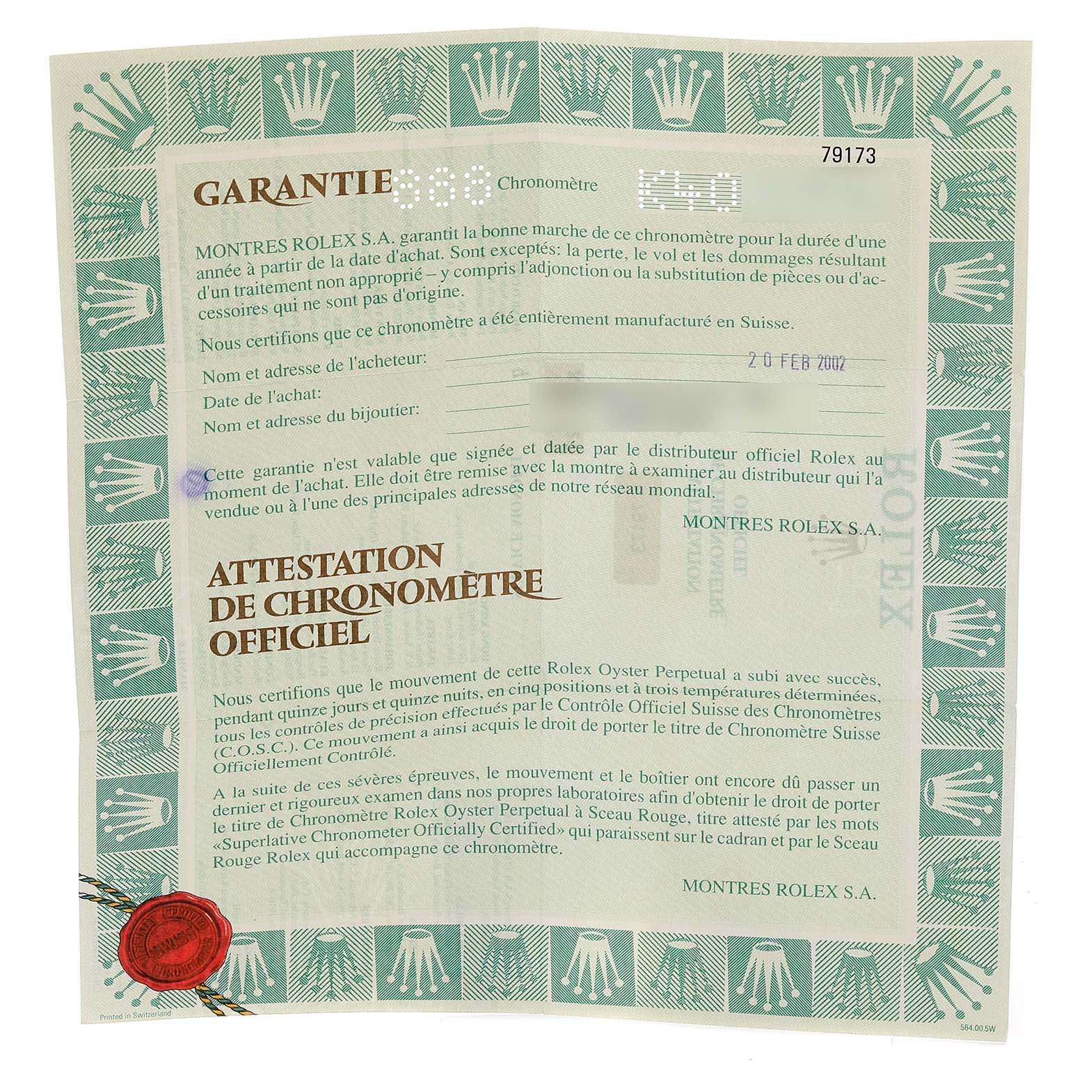 The image shows the warranty and official chronometer certification document for a Rolex Datejust 79173 Women
s Steel and Gold (two tone) Mother of Pearl Dial 79173 Women
s Steel and Gold (two tone) Mother of Pearl Dial watch.