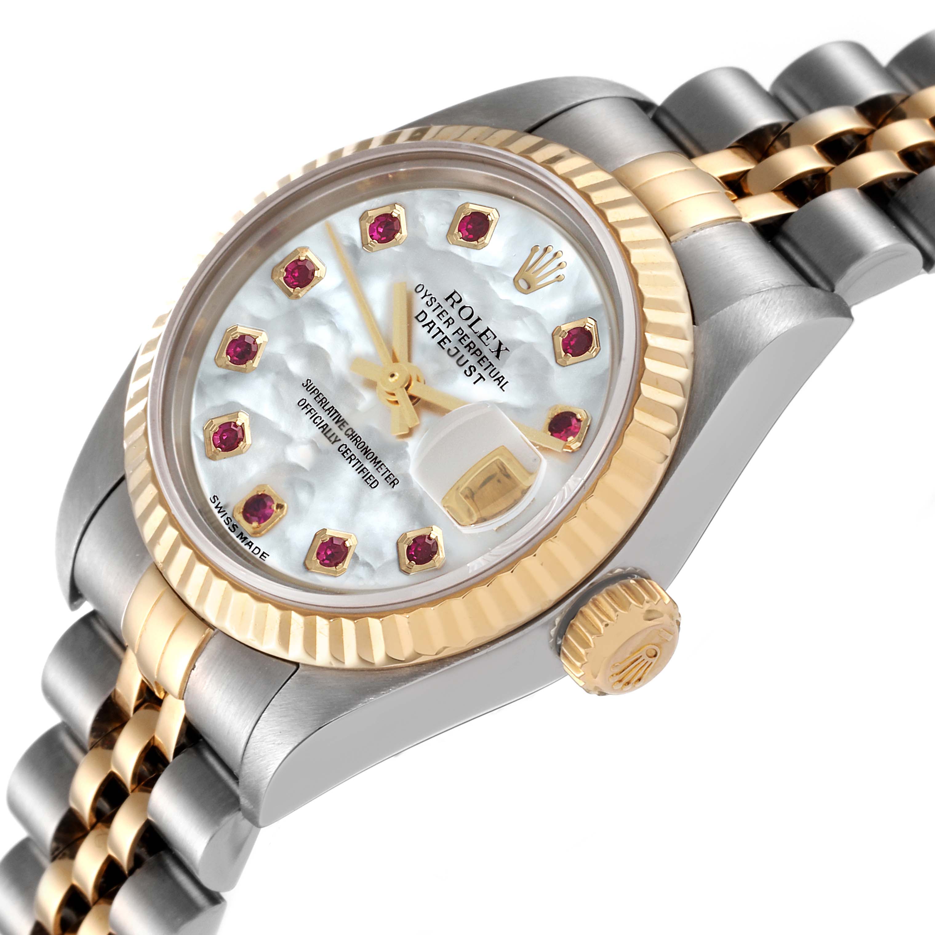 The image shows a close-up angle of a Rolex Datejust 79173 Women
s Steel and Gold (two tone) Mother of Pearl Dial 79173 Women
s Steel and Gold (two tone) Mother of Pearl Dial watch featuring the dial, bezel, crown, and part of the bracelet.