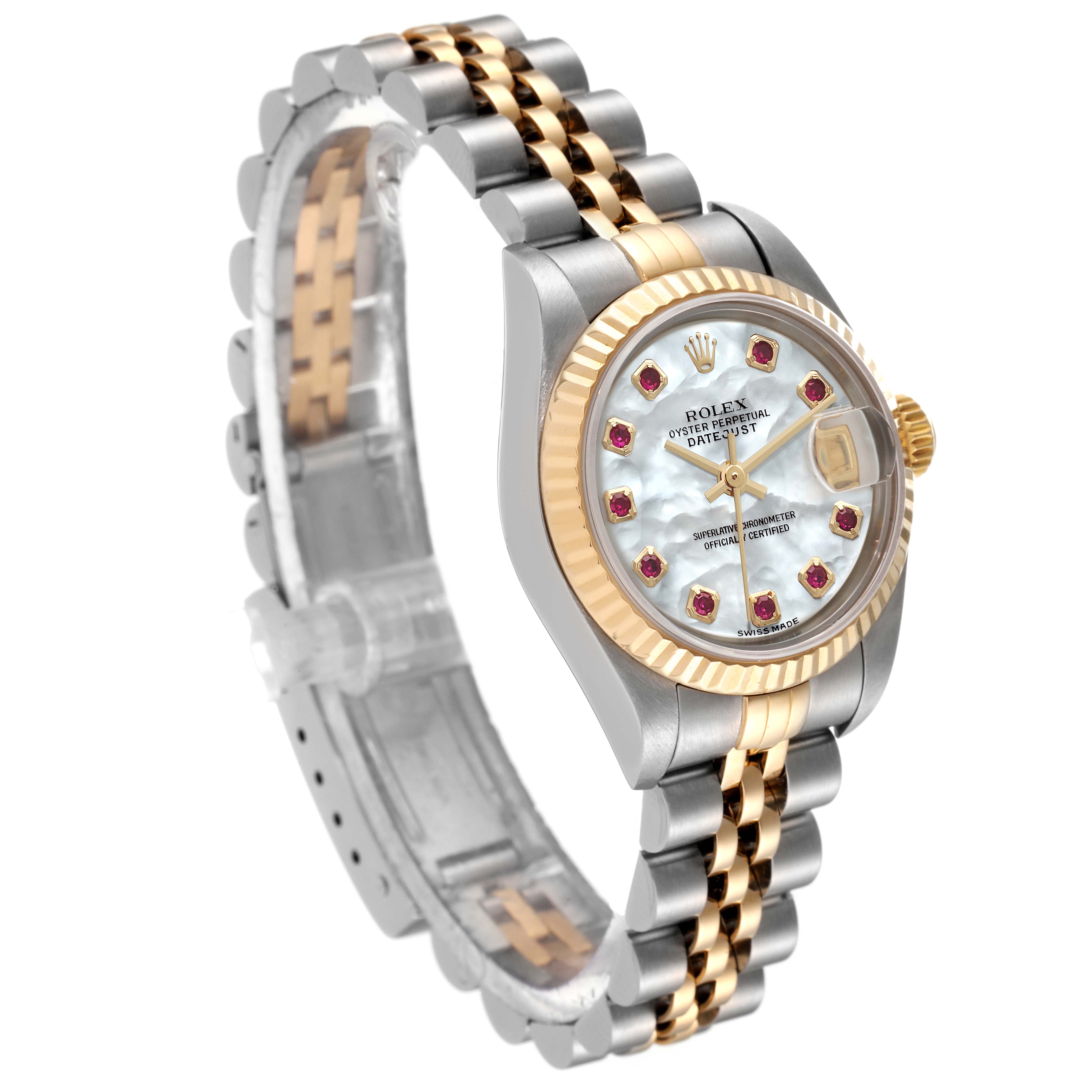 This image shows a Rolex Datejust 79173 Women
s Steel and Gold (two tone) Mother of Pearl Dial 79173 Women
s Steel and Gold (two tone) Mother of Pearl Dial watch at an angle highlighting the face, bezel, and bracelet.