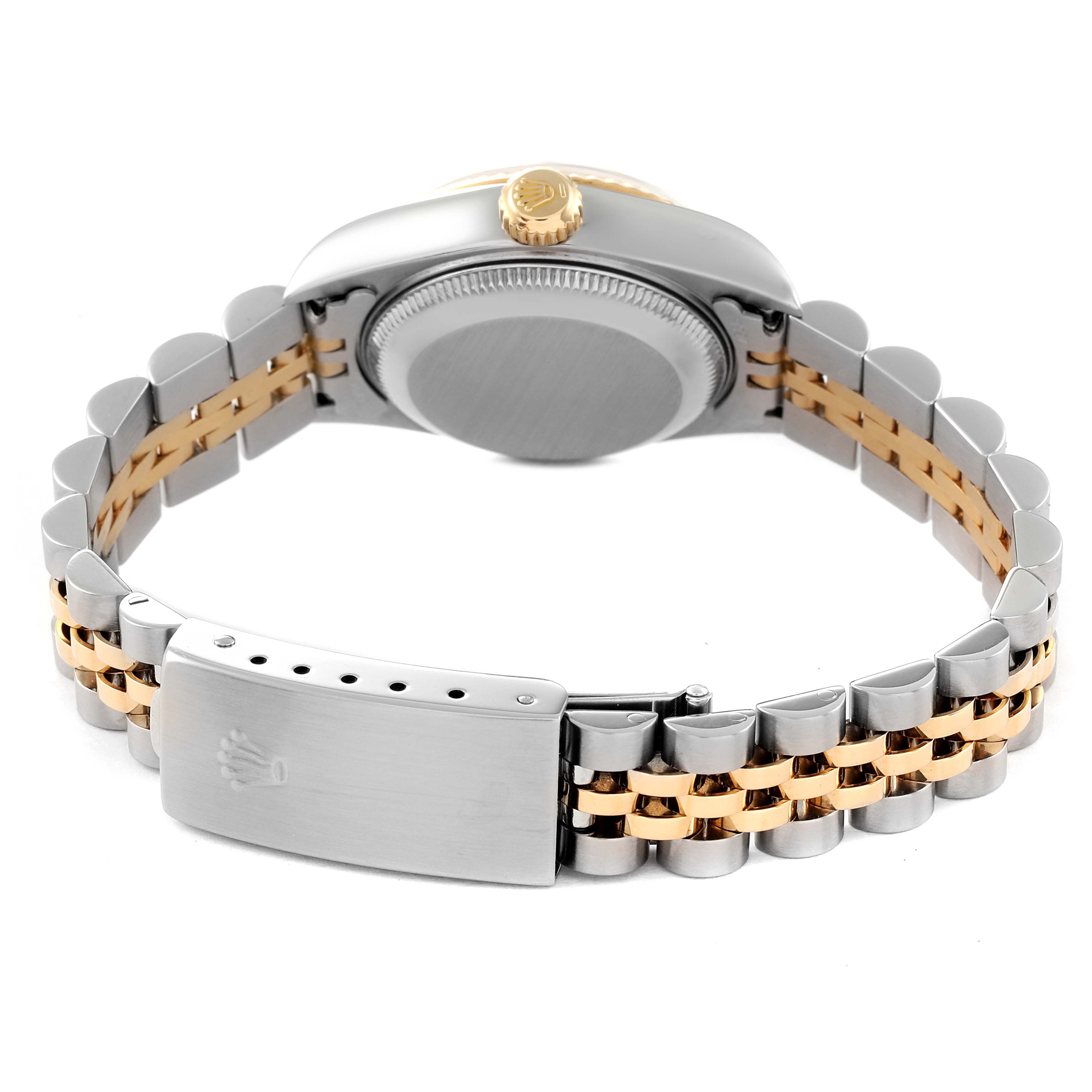 This image shows the back view of a Rolex Datejust 79173 Women
s Steel and Gold (two tone) Mother of Pearl Dial 79173 Women
s Steel and Gold (two tone) Mother of Pearl Dial watch, highlighting the case back and two-tone bracelet with clasp.