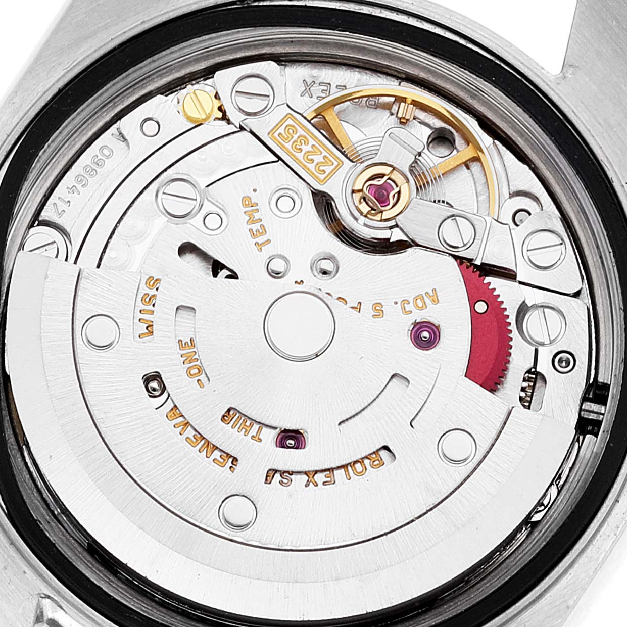 The image shows a detailed close-up of the inner mechanical movement of the Rolex Datejust 79173 Women
s Steel and Gold (two tone) Mother of Pearl Dial 79173 Women
s Steel and Gold (two tone) Mother of Pearl Dial watch.