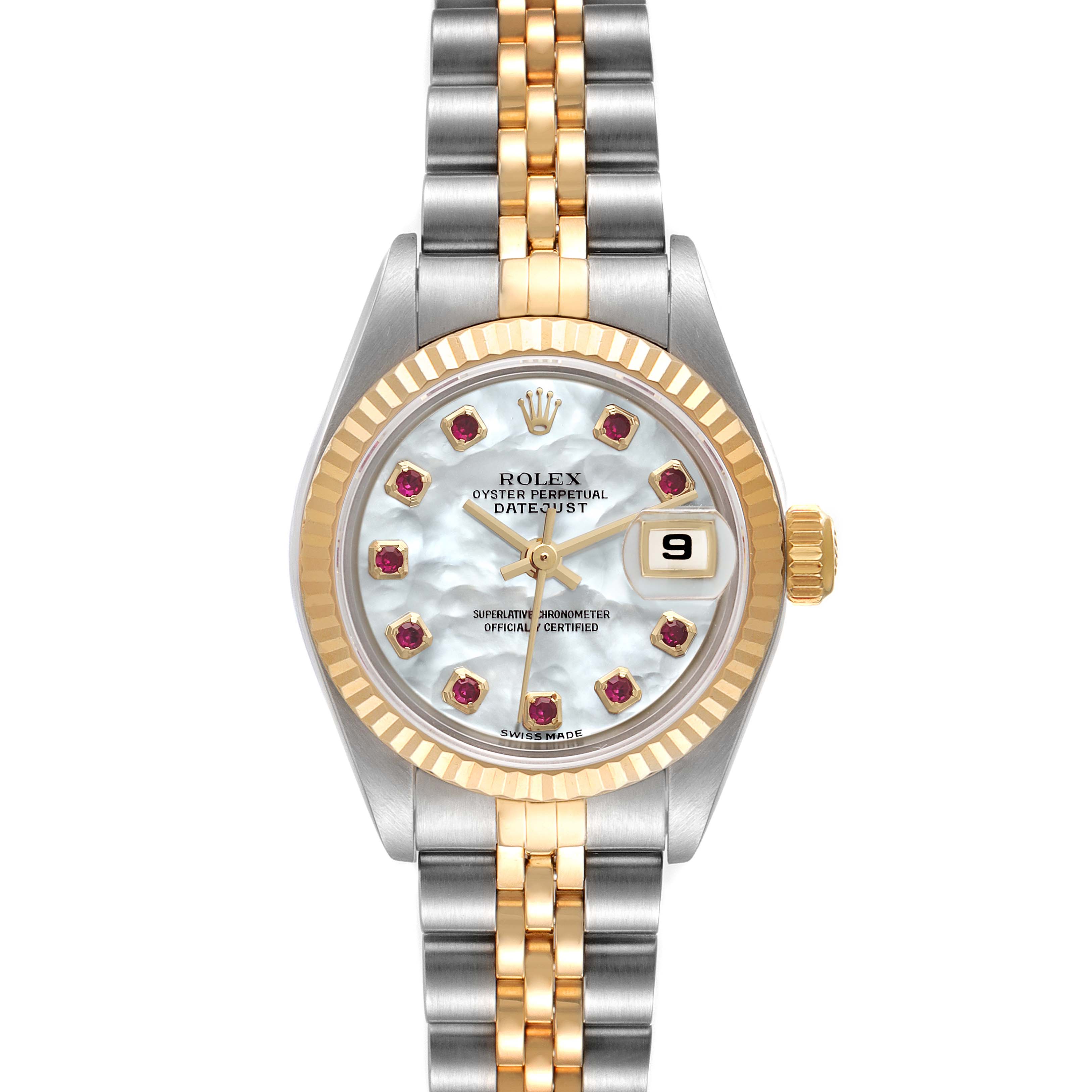 The Rolex Datejust 79173 Women
s Steel and Gold (two tone) Mother of Pearl Dial 79173 Women
s Steel and Gold (two tone) Mother of Pearl Dial watch is shown from the front, displaying the dial, bezel, crown, and part of the bracelet.