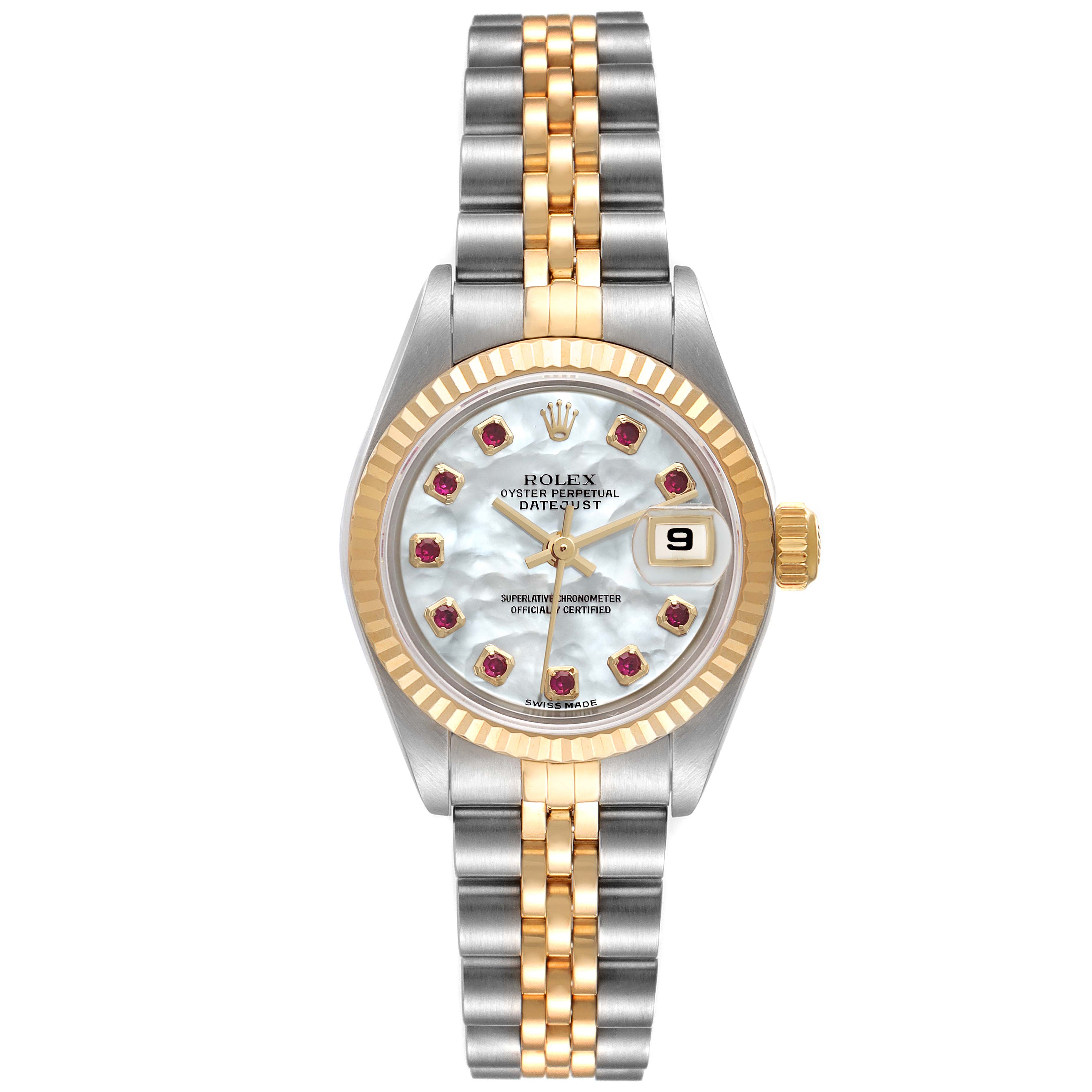The image shows a Rolex Datejust 79173 Women
s Steel and Gold (two tone) Mother of Pearl Dial 79173 Women
s Steel and Gold (two tone) Mother of Pearl Dial watch, displaying the full face, bezel, and the front view of the bracelet.