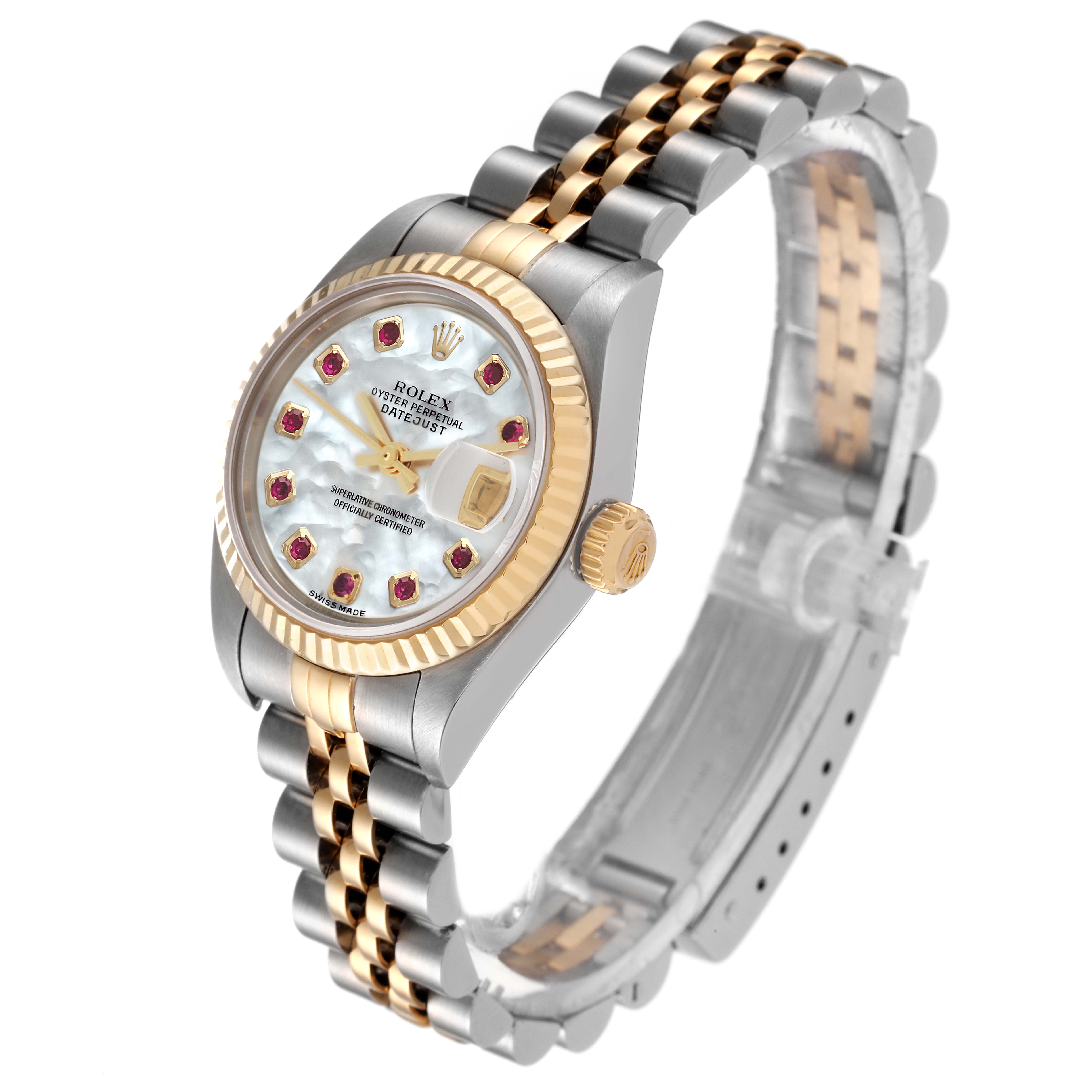 The image shows a three-quarter view of a Rolex Datejust 79173 Women
s Steel and Gold (two tone) Mother of Pearl Dial 79173 Women
s Steel and Gold (two tone) Mother of Pearl Dial watch highlighting the bezel, crown, dial, and two-tone bracelet.