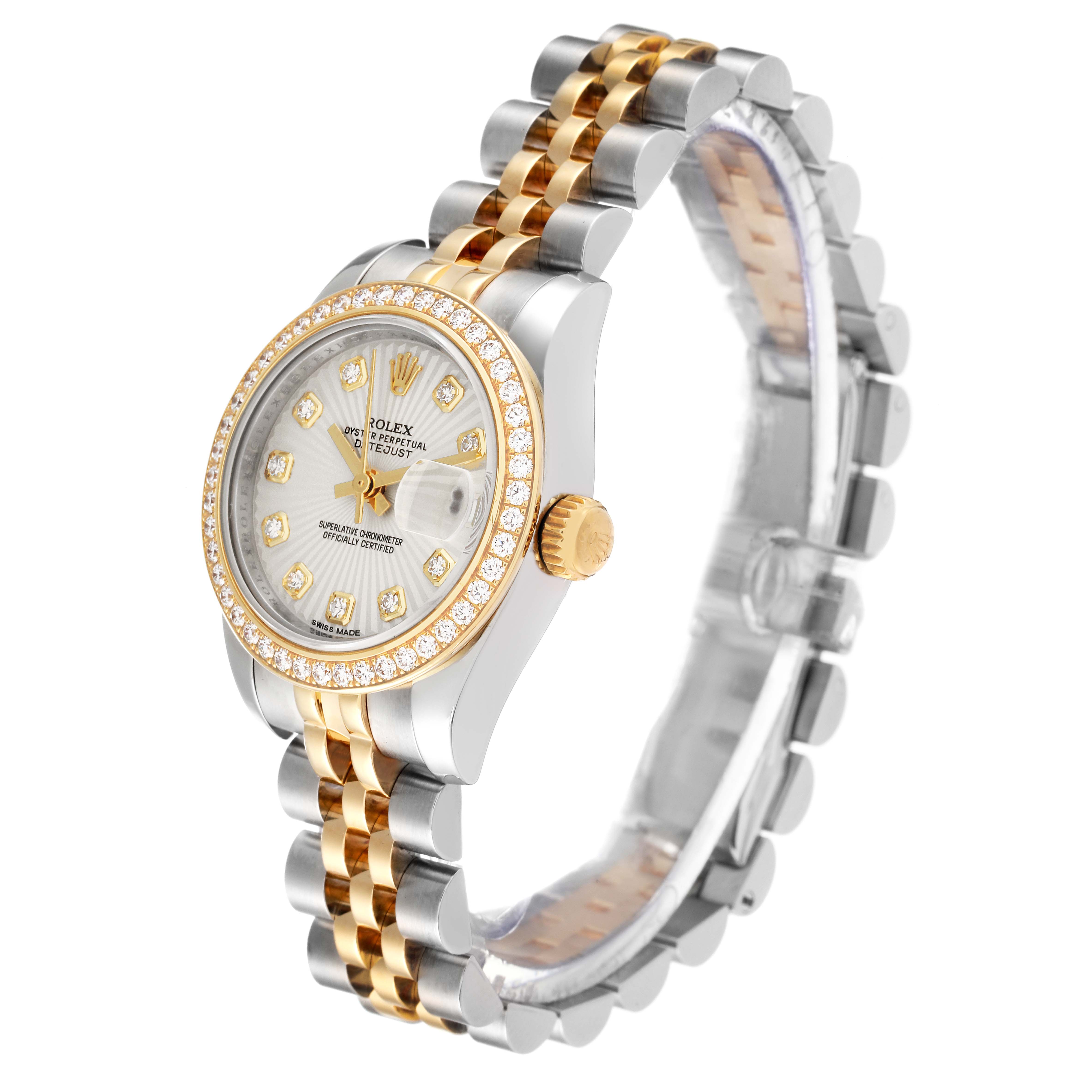 The Rolex Datejust 179383 Women's Steel and Gold (two tone) Silver Dial 179383 Women's Steel and Gold (two tone) Silver Dial watch is shown from an angled side view, displaying the dial, bezel, and part of the bracelet.