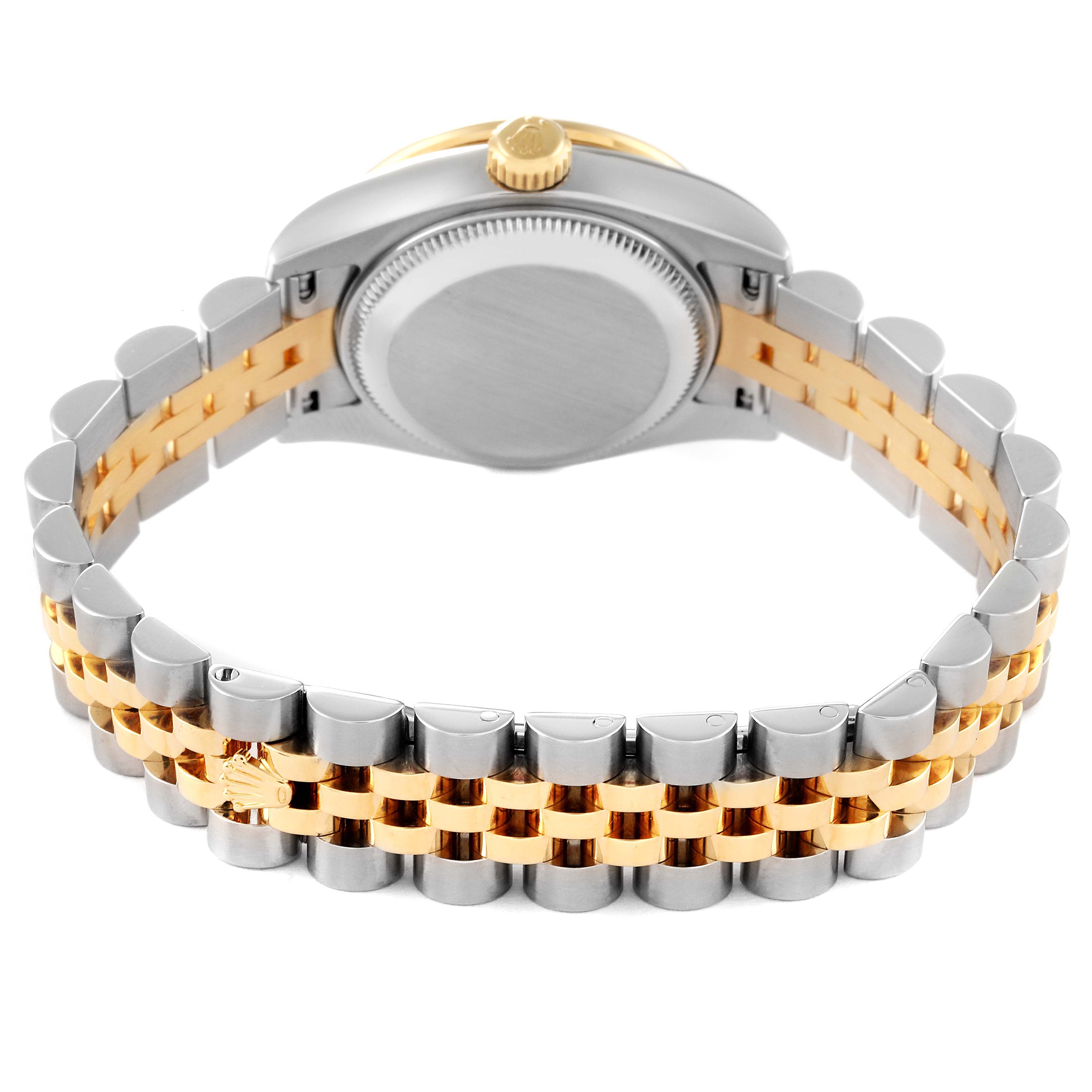 The image shows the back and bracelet of a Rolex Datejust 179383 Women's Steel and Gold (two tone) Silver Dial 179383 Women's Steel and Gold (two tone) Silver Dial watch, highlighting its two-tone metal design and clasp.