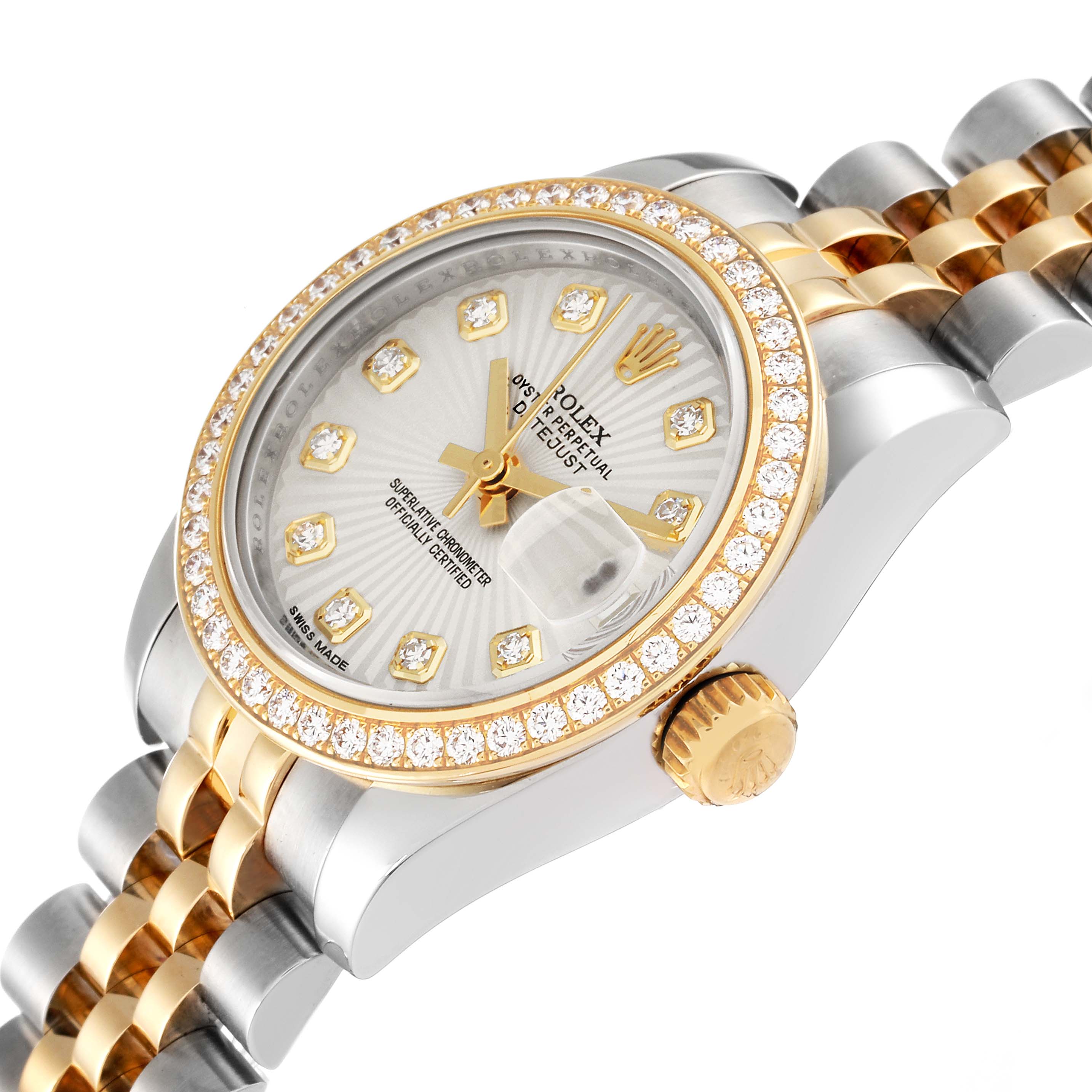 This image shows a close-up angled view of the Rolex Datejust 179383 Women's Steel and Gold (two tone) Silver Dial 179383 Women's Steel and Gold (two tone) Silver Dial watch, featuring its dial, bezel, crown, and bracelet.