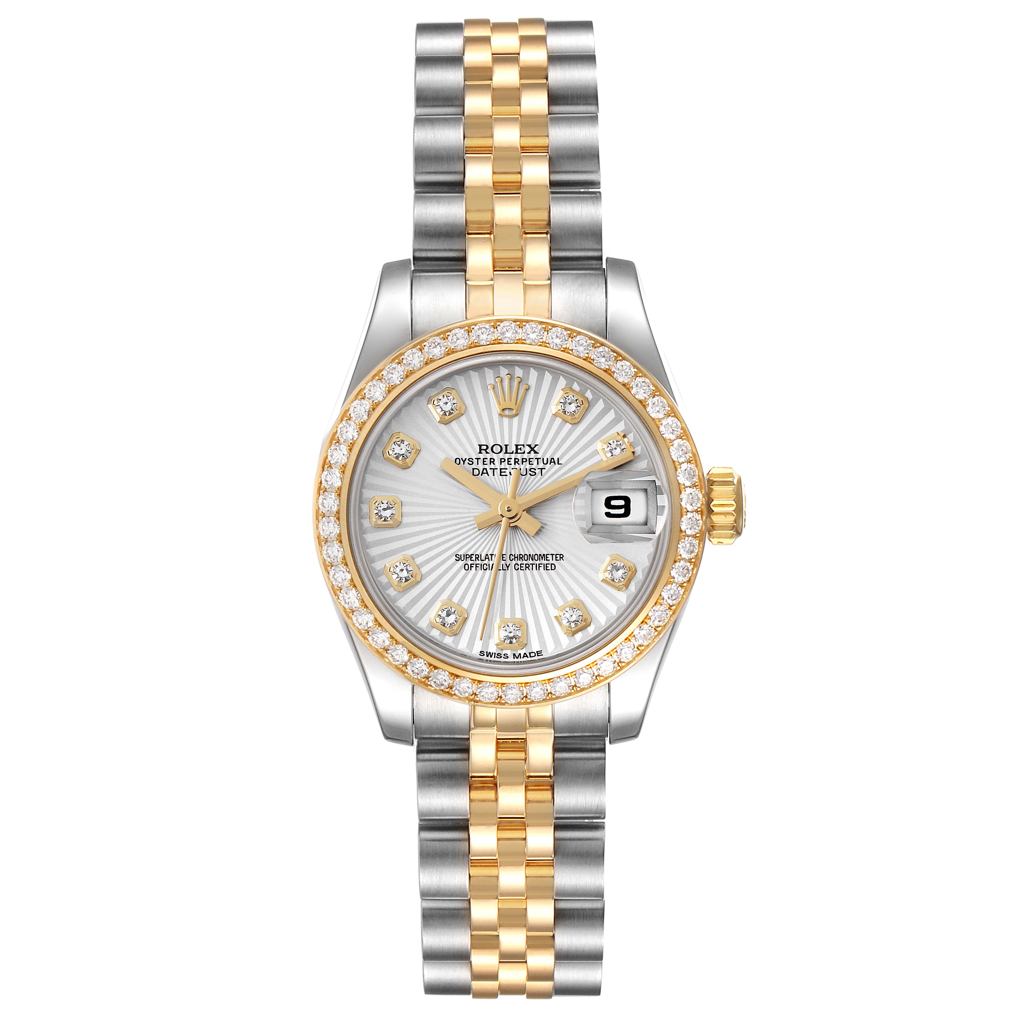 The image shows a Rolex Datejust 179383 Women's Steel and Gold (two tone) Silver Dial 179383 Women's Steel and Gold (two tone) Silver Dial watch, front view, displaying the dial, bezel, crown, and two-tone bracelet.
