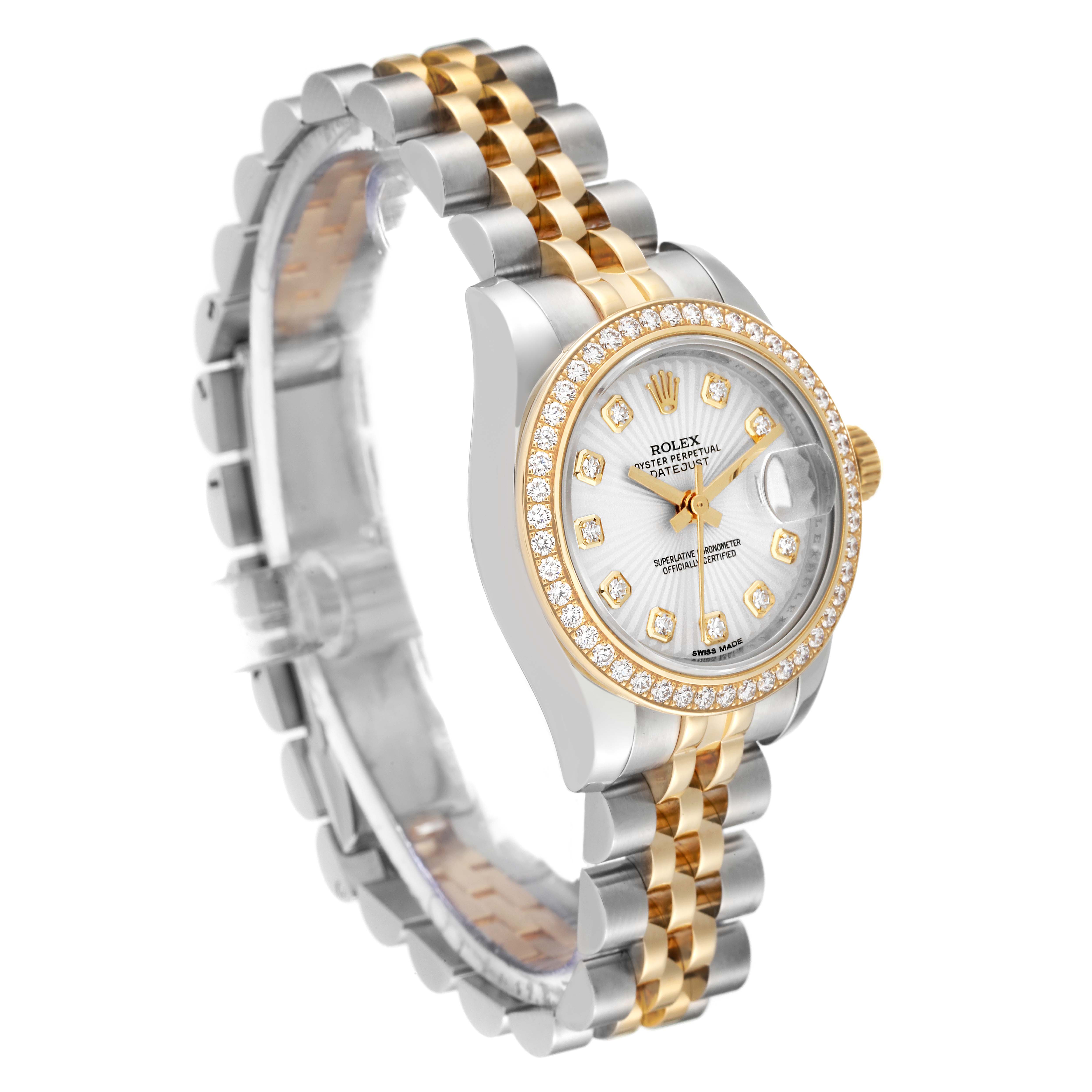 The Rolex Datejust 179383 Women's Steel and Gold (two tone) Silver Dial 179383 Women's Steel and Gold (two tone) Silver Dial watch is shown at an angle highlighting the face, bezel, and bracelet.