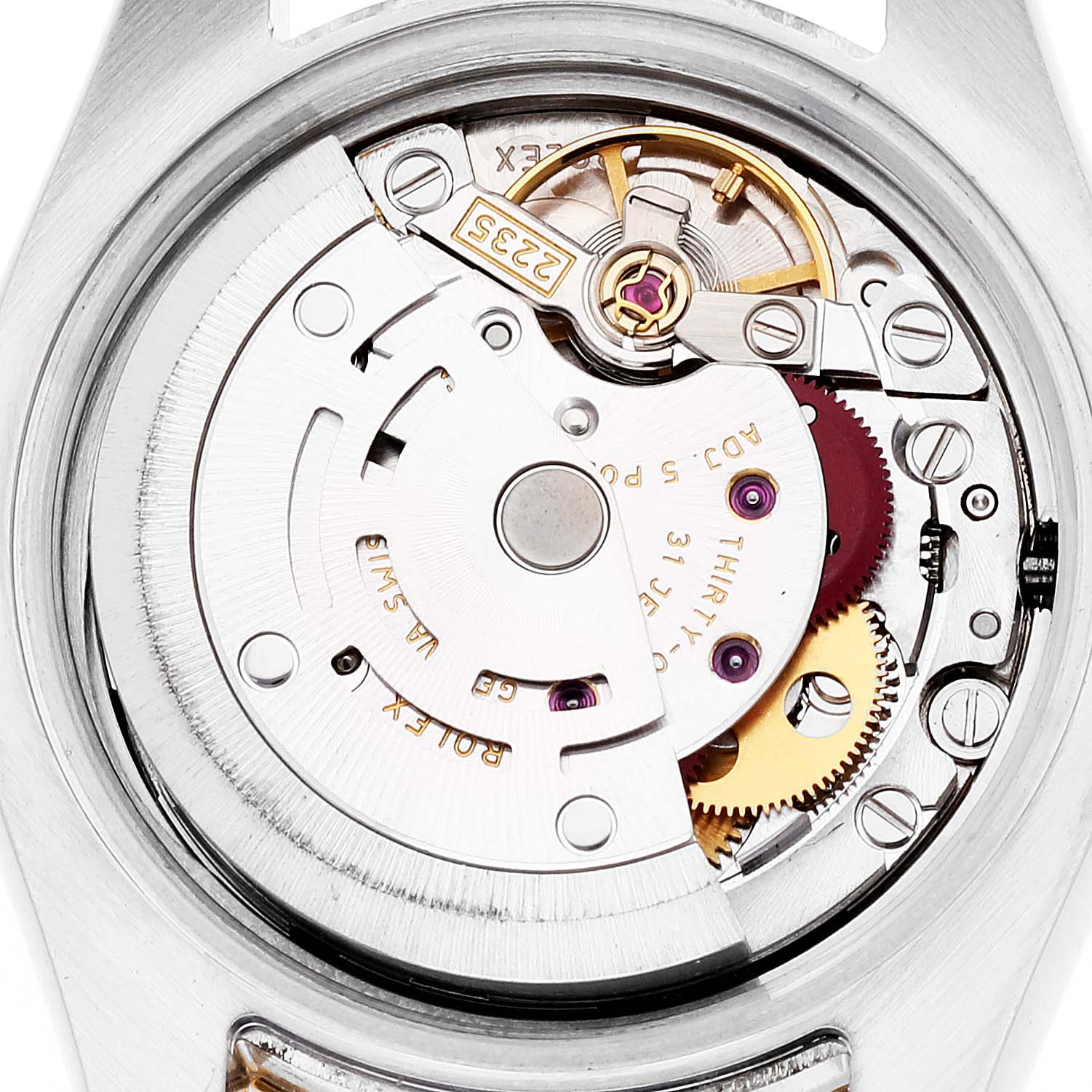 This image shows the internal movement mechanism of the Rolex Datejust 179383 Women's Steel and Gold (two tone) Silver Dial 179383 Women's Steel and Gold (two tone) Silver Dial watch, viewed from the back.