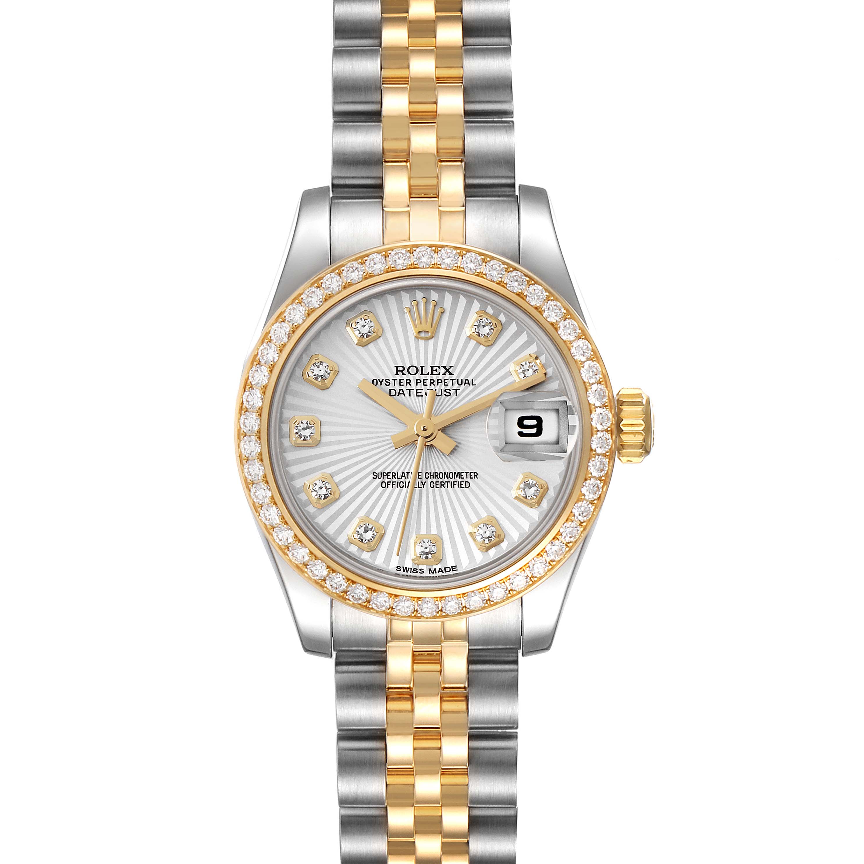 The image shows a Rolex Datejust 179383 Women's Steel and Gold (two tone) Silver Dial 179383 Women's Steel and Gold (two tone) Silver Dial watch from a front angle, highlighting its face, bezel, and two-tone bracelet.