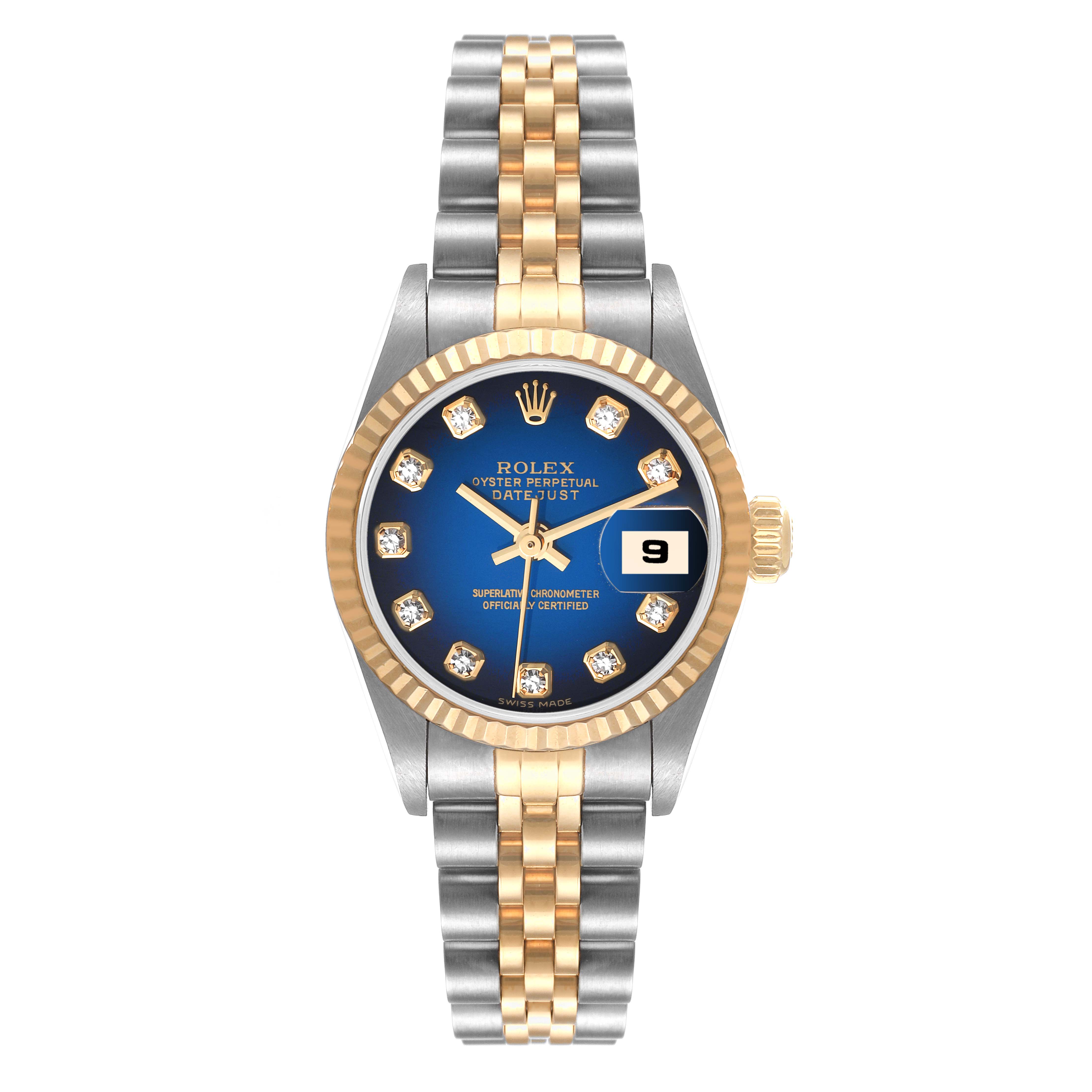 This image shows a Rolex Datejust 79173 Women's Steel and Gold (two tone) Blue Dial 79173 Women's Steel and Gold (two tone) Blue Dial watch, featuring a two-tone band, blue dial with diamond markers, and a date window at 3 o'clock.