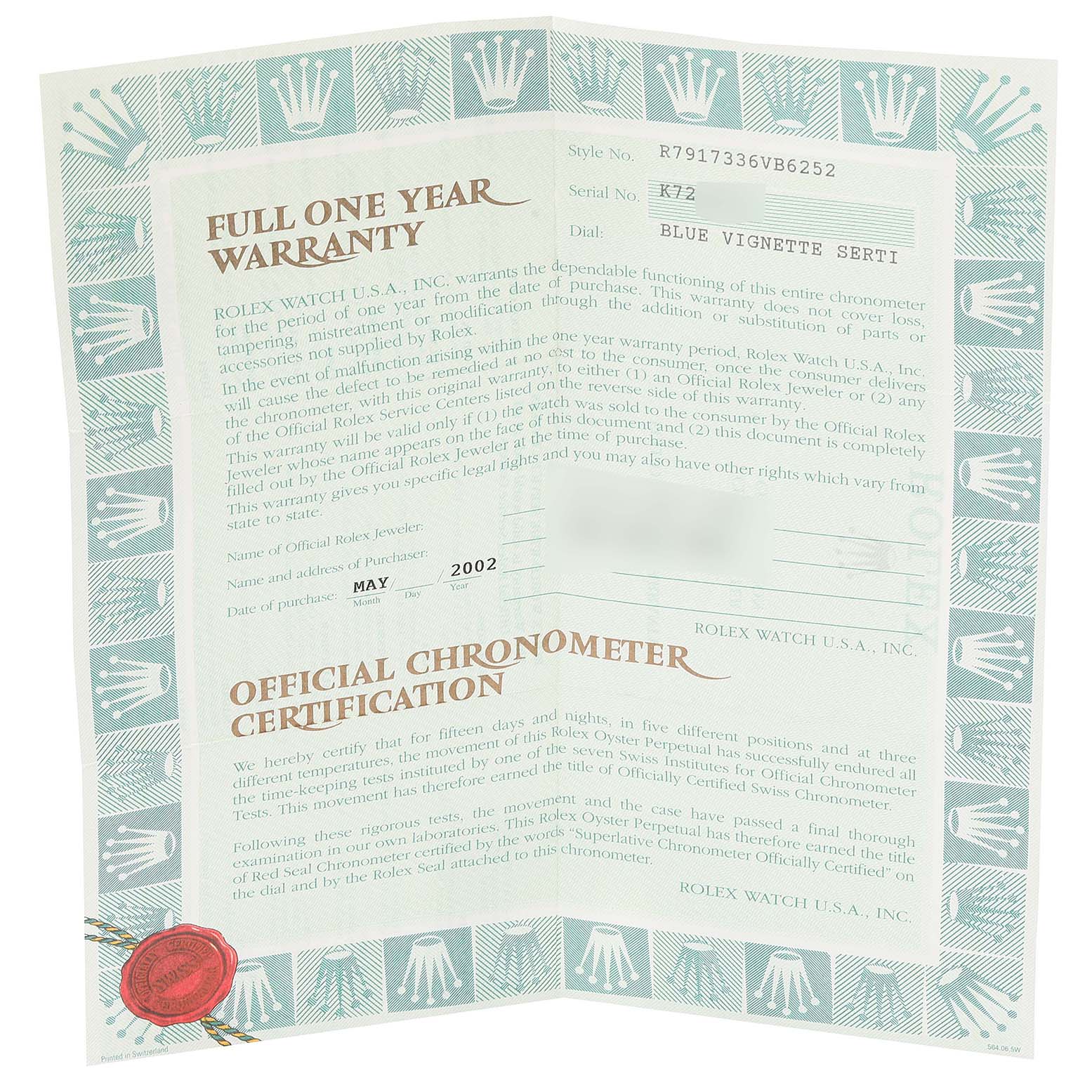 This is a warranty and certification paper for a Rolex Datejust 79173 Women's Steel and Gold (two tone) Blue Dial 79173 Women's Steel and Gold (two tone) Blue Dial watch, providing details about the model, serial number, and purchase date.