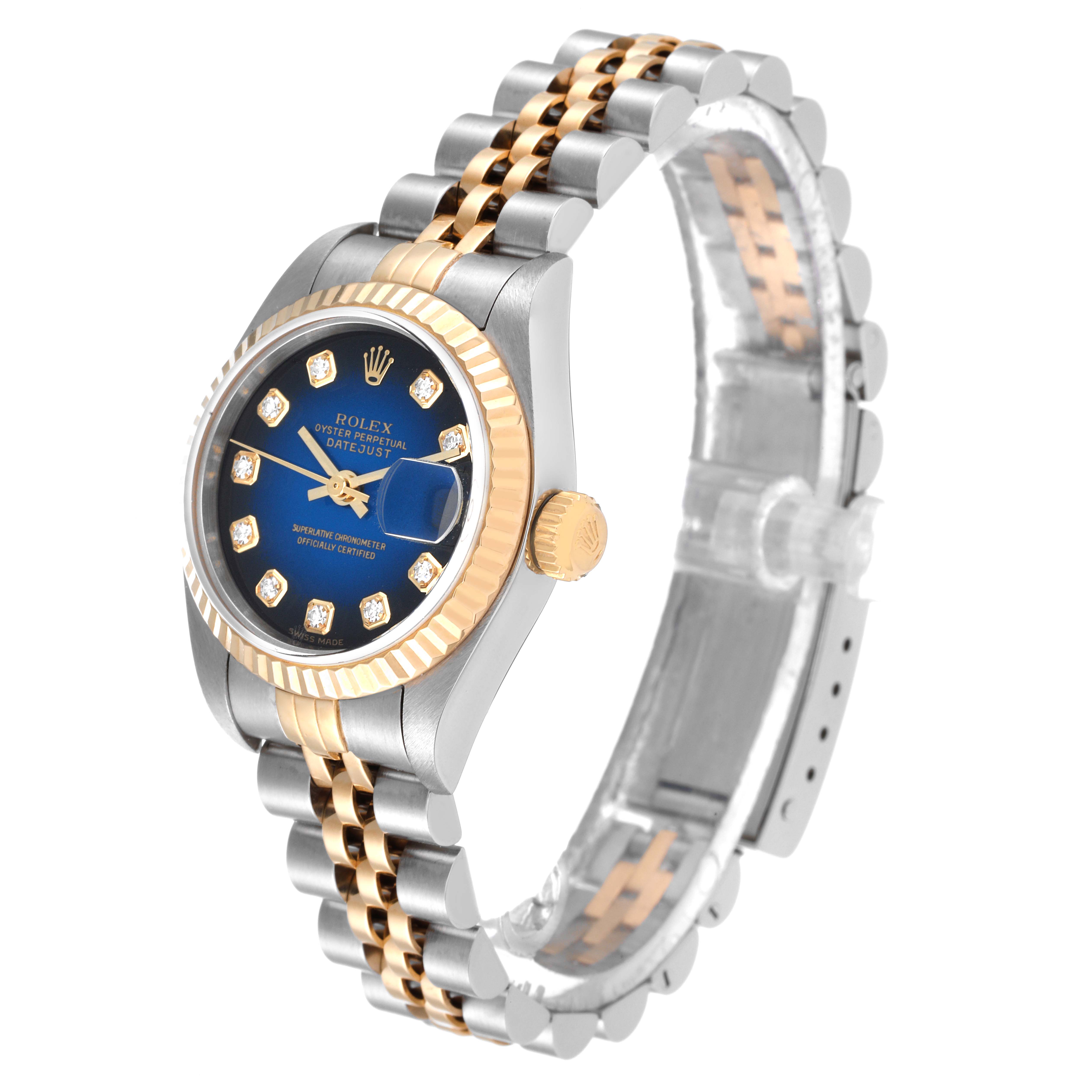 The Rolex Datejust 79173 Women's Steel and Gold (two tone) Blue Dial 79173 Women's Steel and Gold (two tone) Blue Dial watch is shown at an angled side view, highlighting the face, bezel, and partial bracelet.