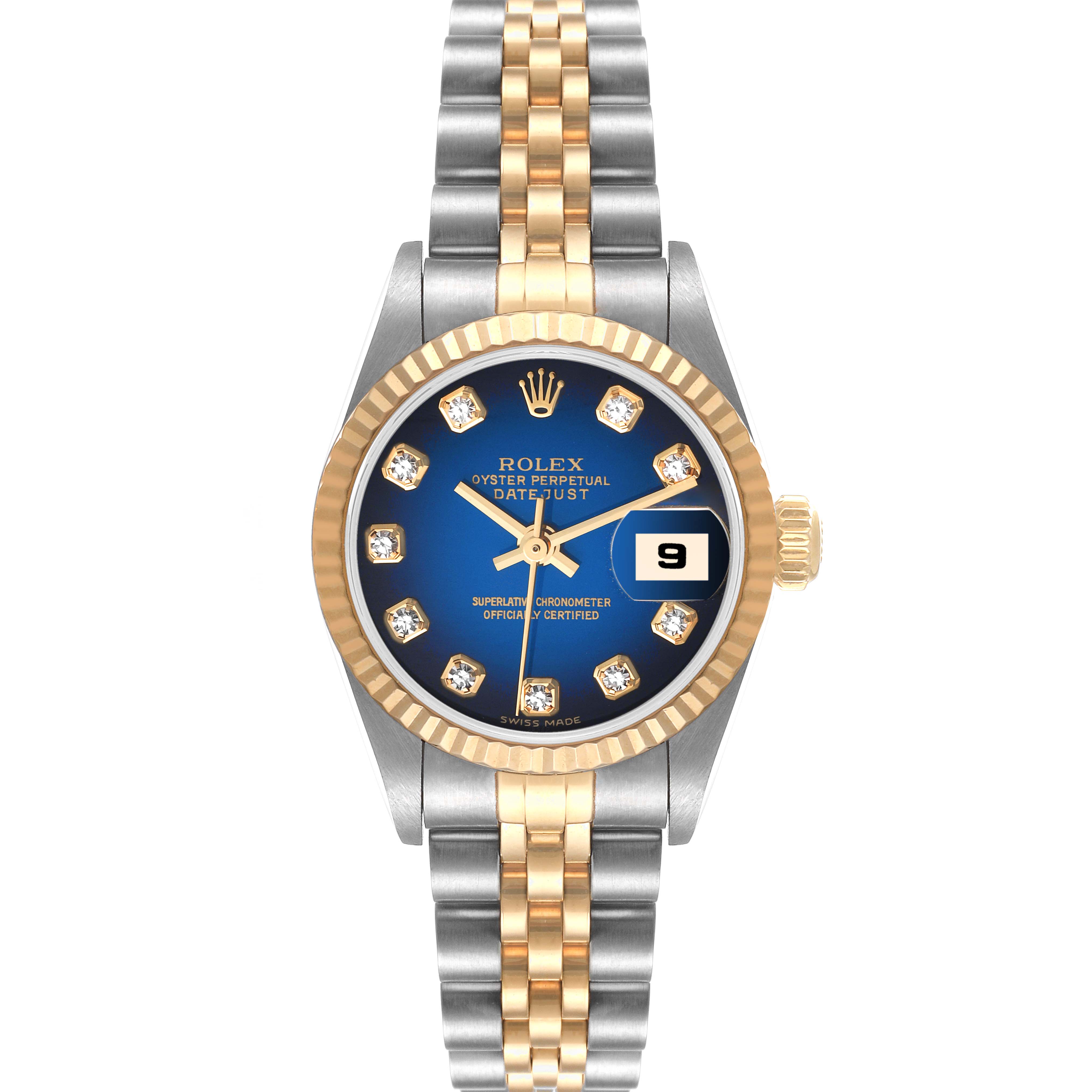 The Rolex Datejust 79173 Women's Steel and Gold (two tone) Blue Dial 79173 Women's Steel and Gold (two tone) Blue Dial watch is shown from a front angle, highlighting its blue dial, gold and silver bracelet, and date display.