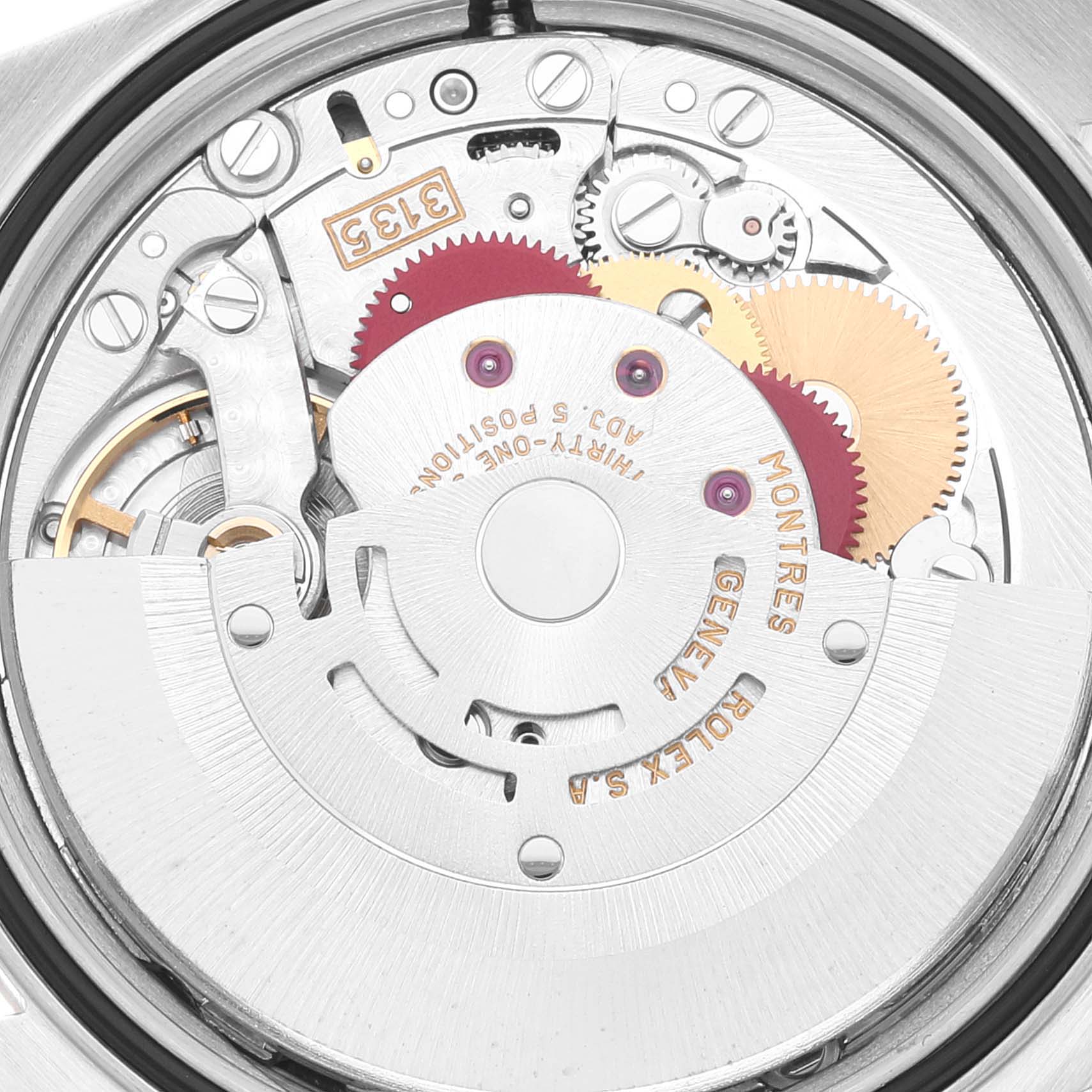 The image shows the inner mechanical movement of a Rolex Datejust 16233 Men's Steel and Gold (two tone) White Dial 16233 Men's Steel and Gold (two tone) White Dial watch from a close-up, top-down angle.