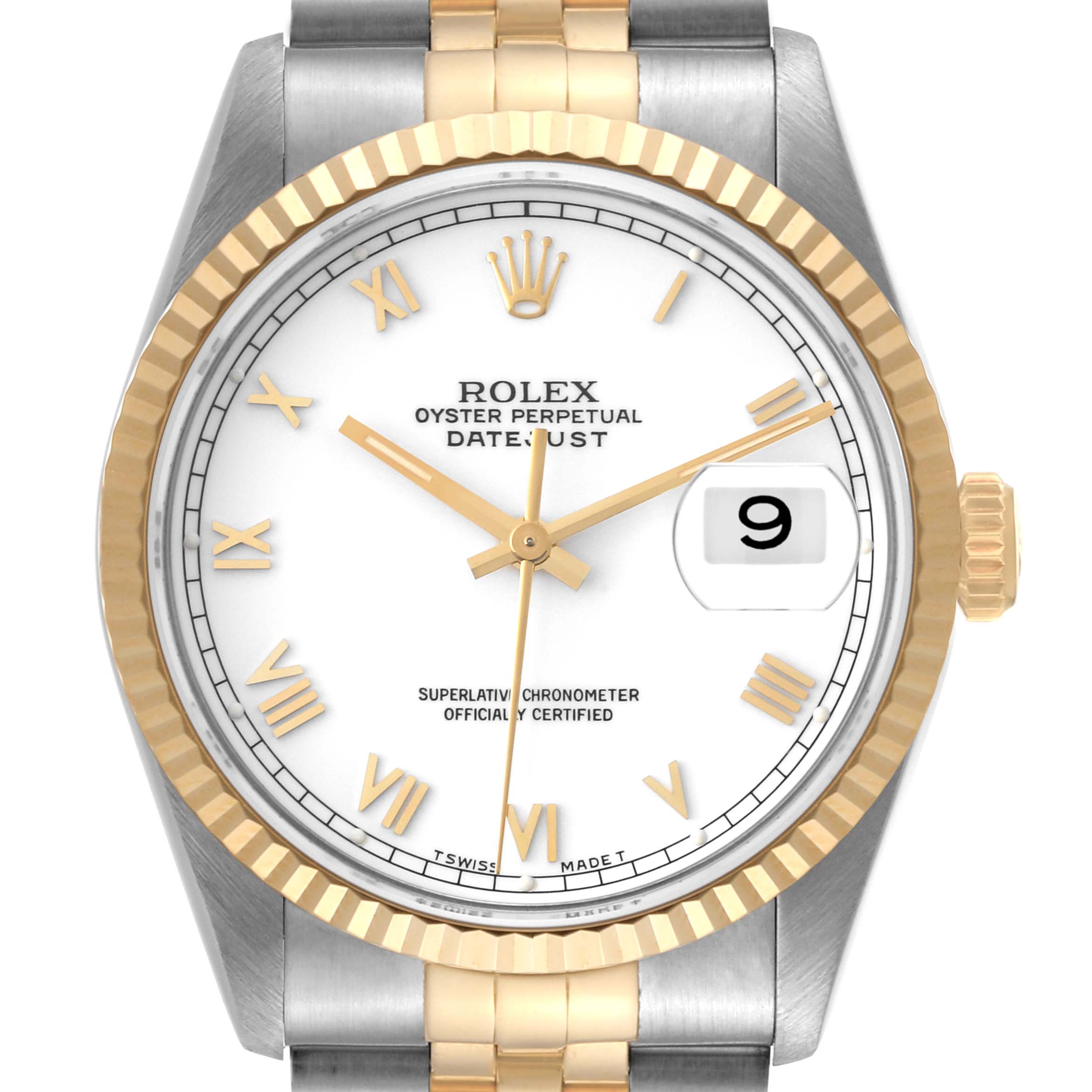 This is a close-up frontal view of a Rolex Datejust 16233 Men's Steel and Gold (two tone) White Dial 16233 Men's Steel and Gold (two tone) White Dial watch showing the face, bezel, crown, and part of the bracelet.