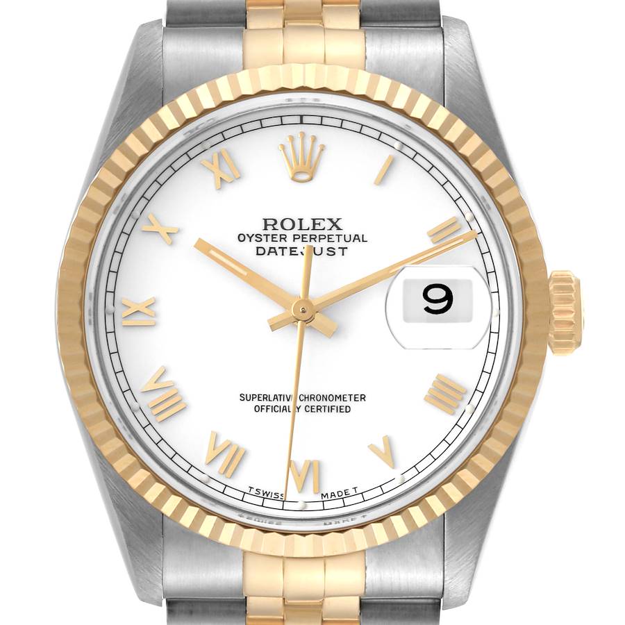 Rolex Datejust Steel Yellow Gold White Dial Mens Watch 16233 Box Papers SwissWatchExpo