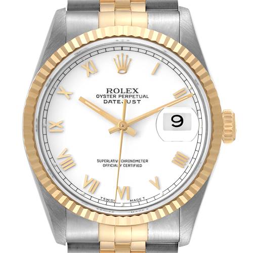 Photo of Rolex Datejust Steel Yellow Gold White Dial Mens Watch 16233 Box Papers