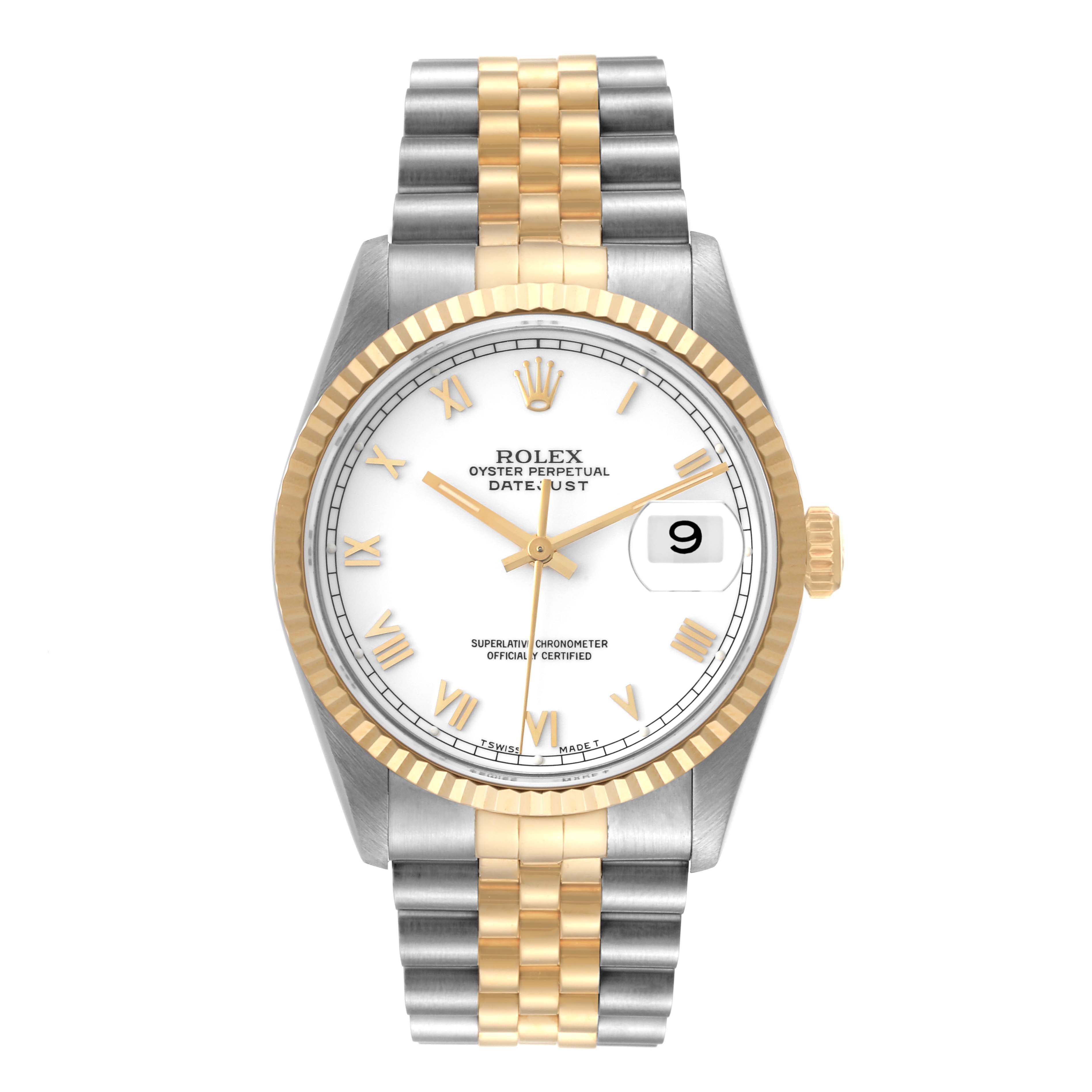 The image shows a front view of a Rolex Datejust 16233 Men's Steel and Gold (two tone) White Dial 16233 Men's Steel and Gold (two tone) White Dial watch, featuring a two-tone bracelet and a white dial with Roman numerals and a date display.
