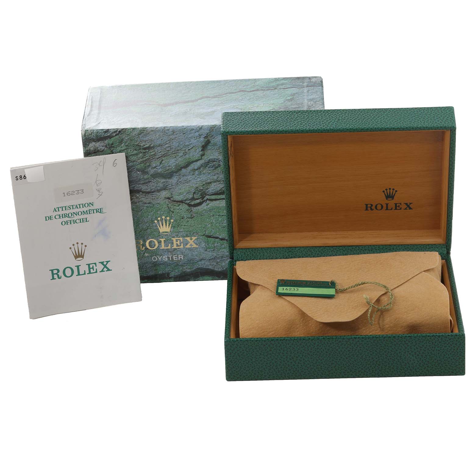 The image shows a Rolex Datejust 16233 Men's Steel and Gold (two tone) White Dial 16233 Men's Steel and Gold (two tone) White Dial packaging from a top angle, including a box, a certificate, and a protective pouch.