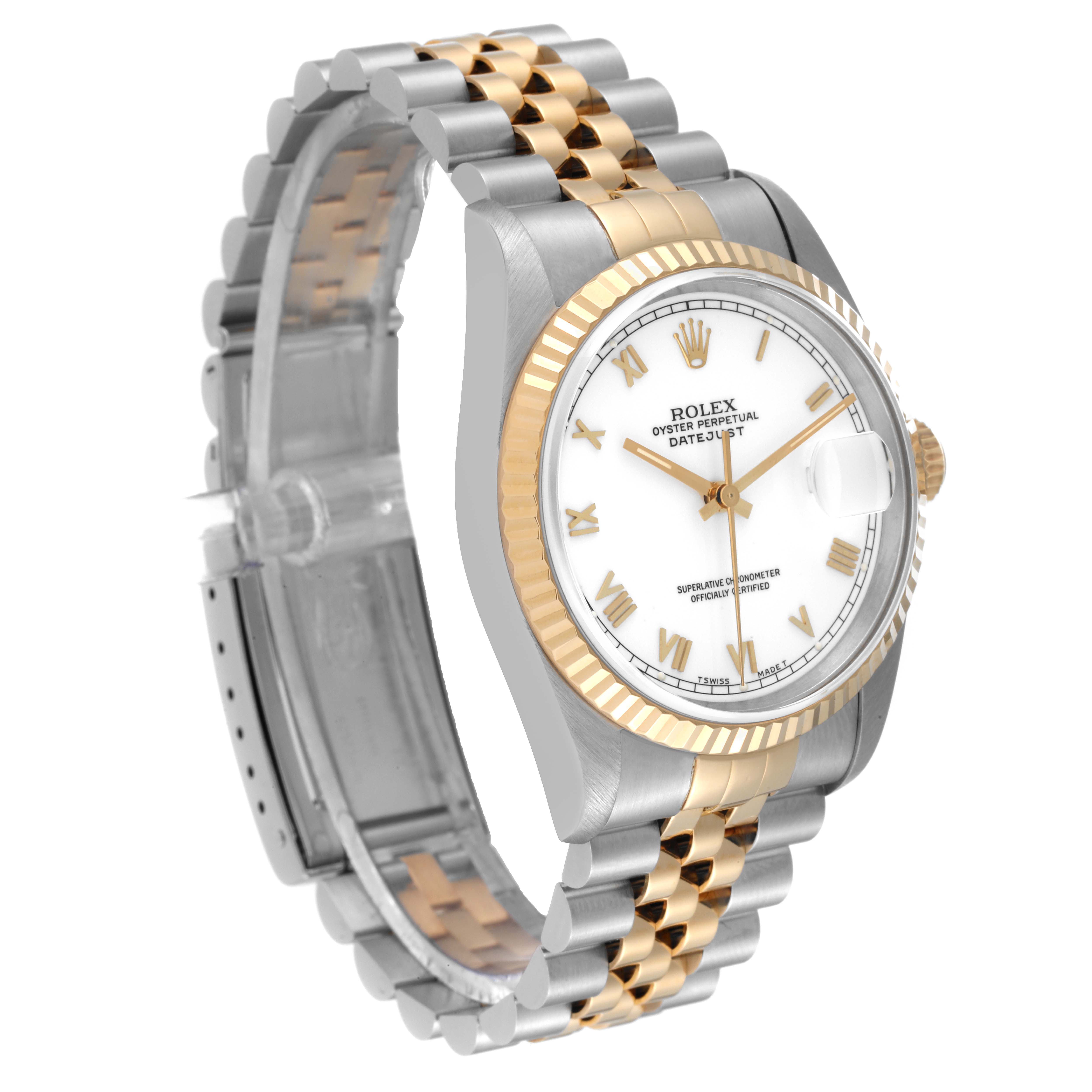 This Rolex Datejust 16233 Men's Steel and Gold (two tone) White Dial 16233 Men's Steel and Gold (two tone) White Dial watch is shown at a three-quarter angle, highlighting the dial, bezel, and two-tone bracelet.
