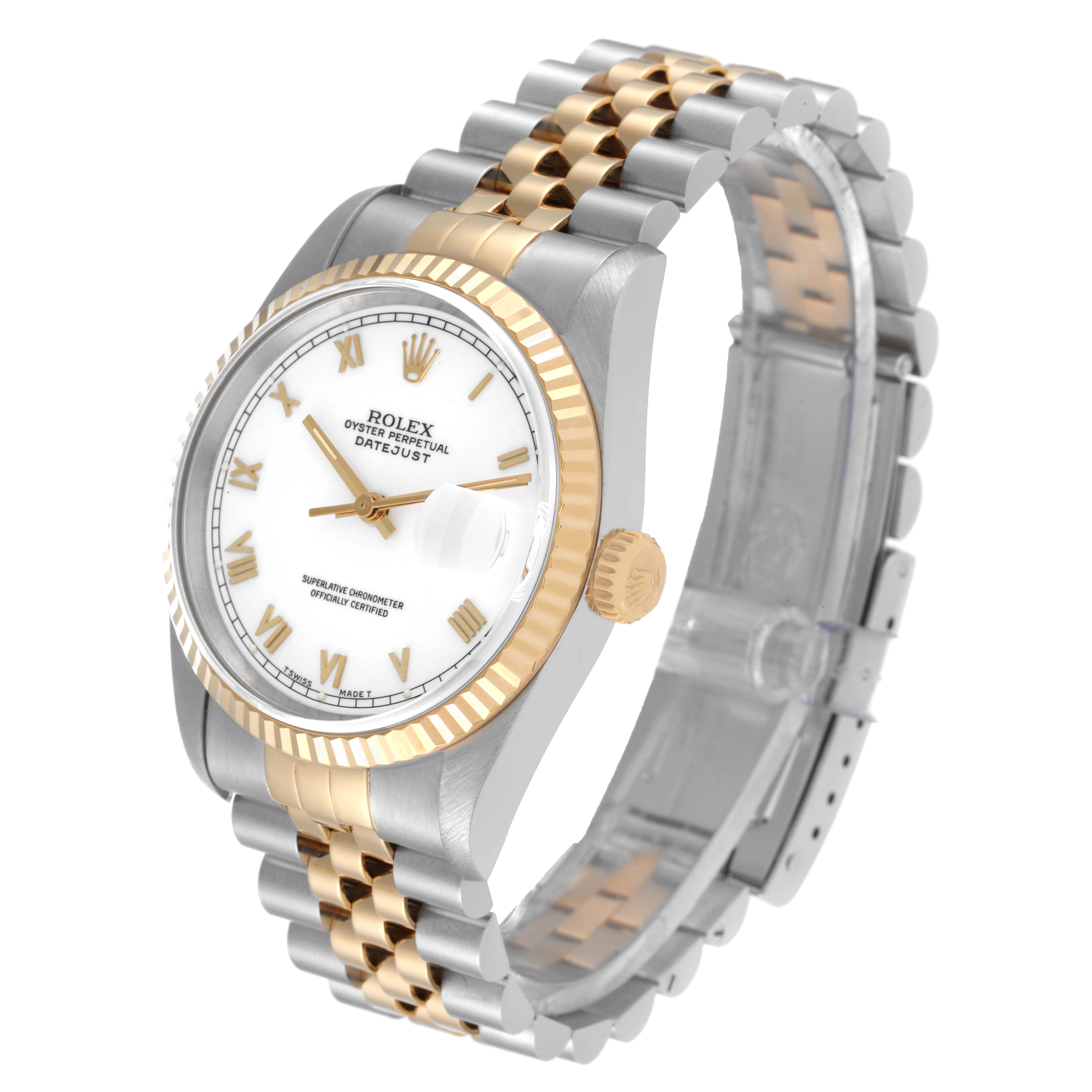 The image shows a Rolex Datejust 16233 Men's Steel and Gold (two tone) White Dial 16233 Men's Steel and Gold (two tone) White Dial watch angled from the front-left, highlighting its white dial, gold bezel, and two-tone jubilee bracelet.