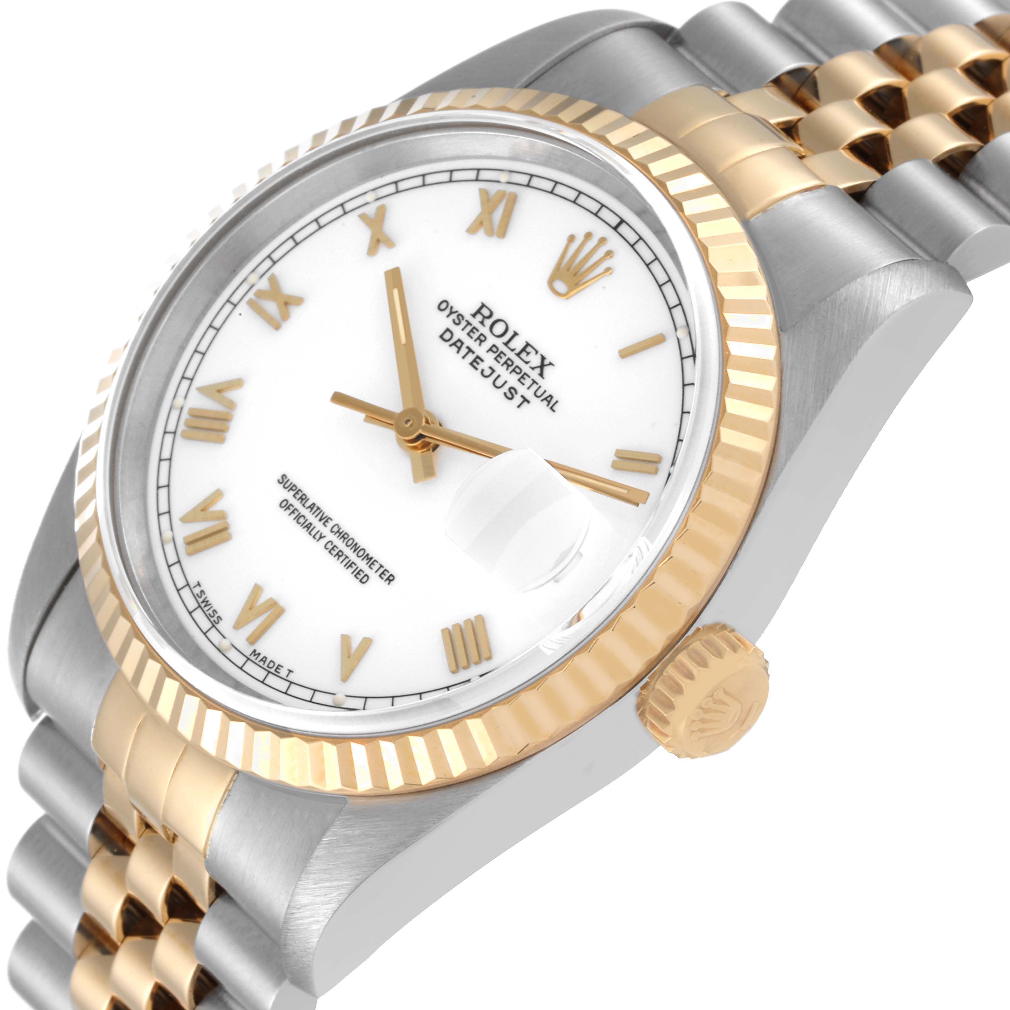 The image shows a close-up of a Rolex Datejust 16233 Men's Steel and Gold (two tone) White Dial 16233 Men's Steel and Gold (two tone) White Dial watch at an oblique angle, highlighting its bezel, dial, and part of the bracelet.