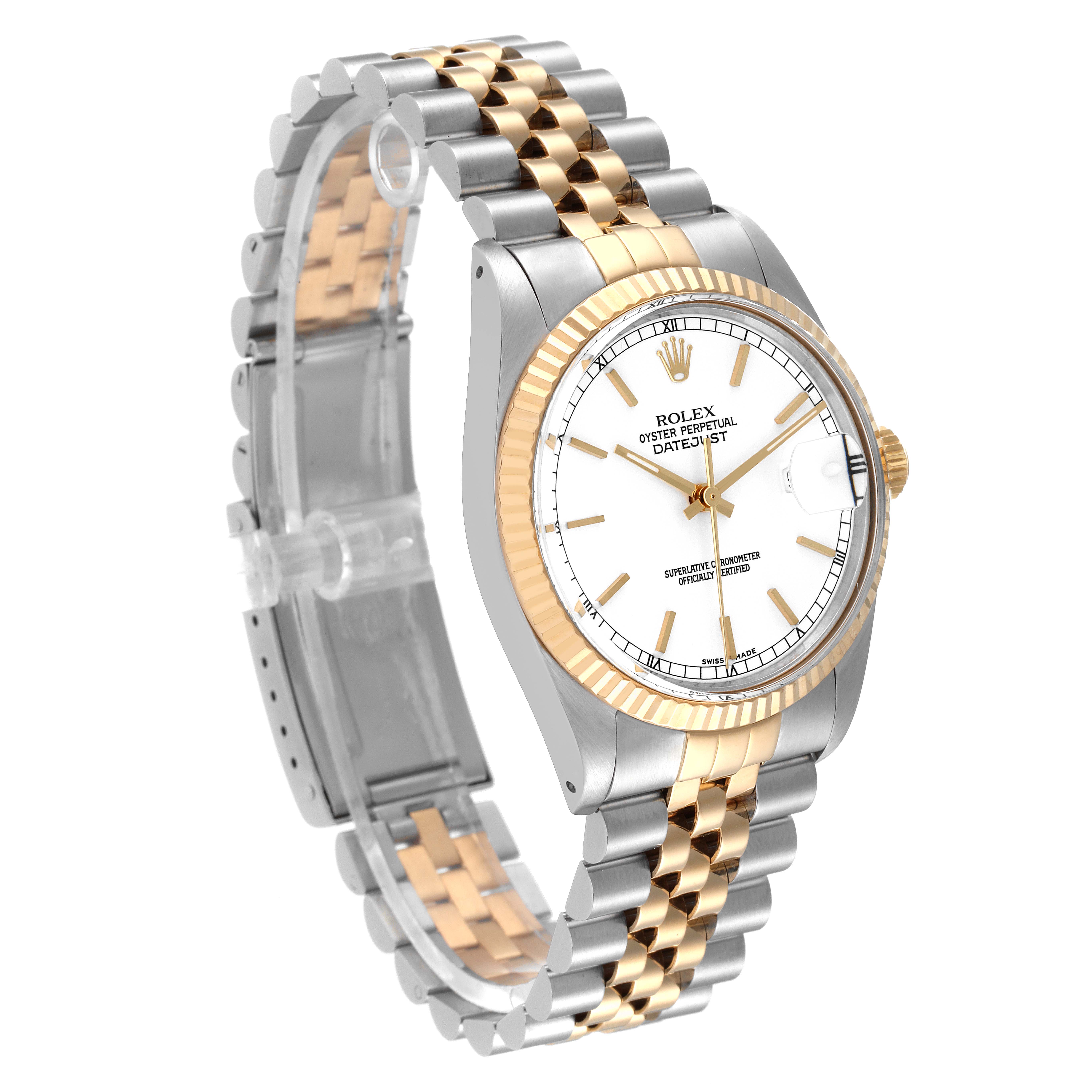 The image shows a Rolex Vintage Collection 16013 Men's Steel and Gold (two tone) White Dial 16013 Men's Steel and Gold (two tone) White Dial watch, displaying the face, bezel, dial, and bracelet at a three-quarter angle.