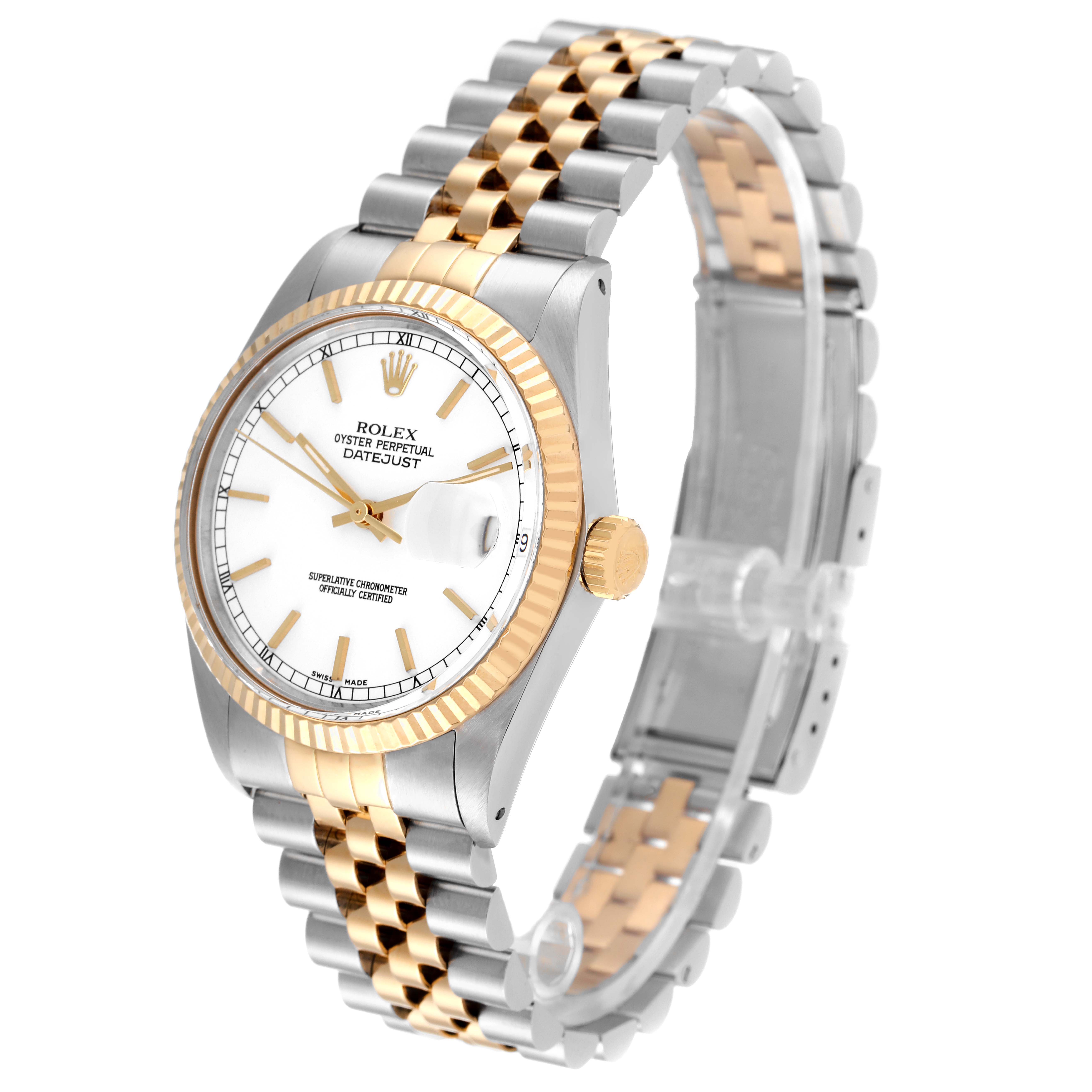 The Vintage Collection model by Rolex is shown at a slight angle, highlighting the face, bezel, and two-tone bracelet.