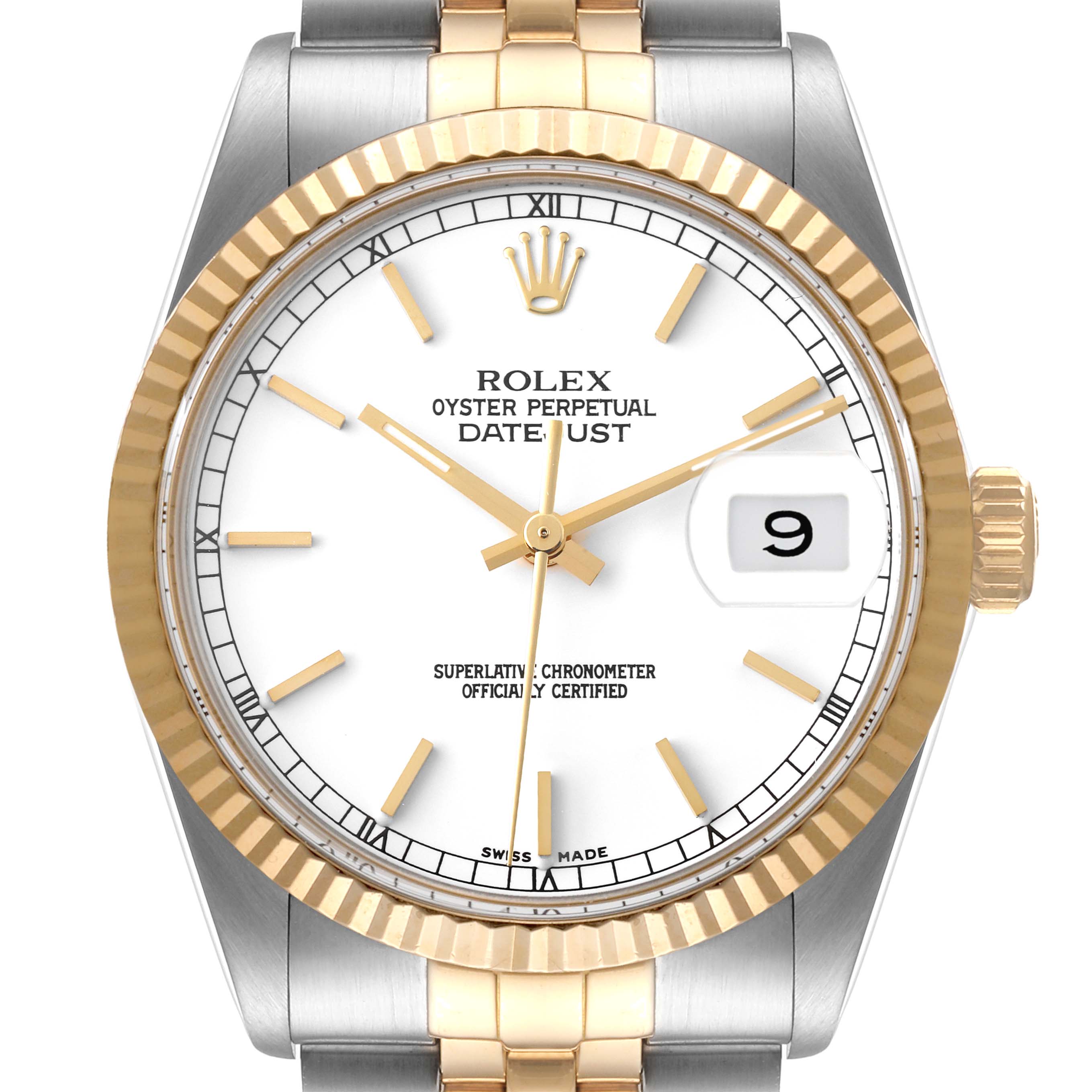 The Rolex Vintage Collection 16013 Men's Steel and Gold (two tone) White Dial 16013 Men's Steel and Gold (two tone) White Dial model watch is shown from the front, displaying the face, bezel, crown, and part of the bracelet.