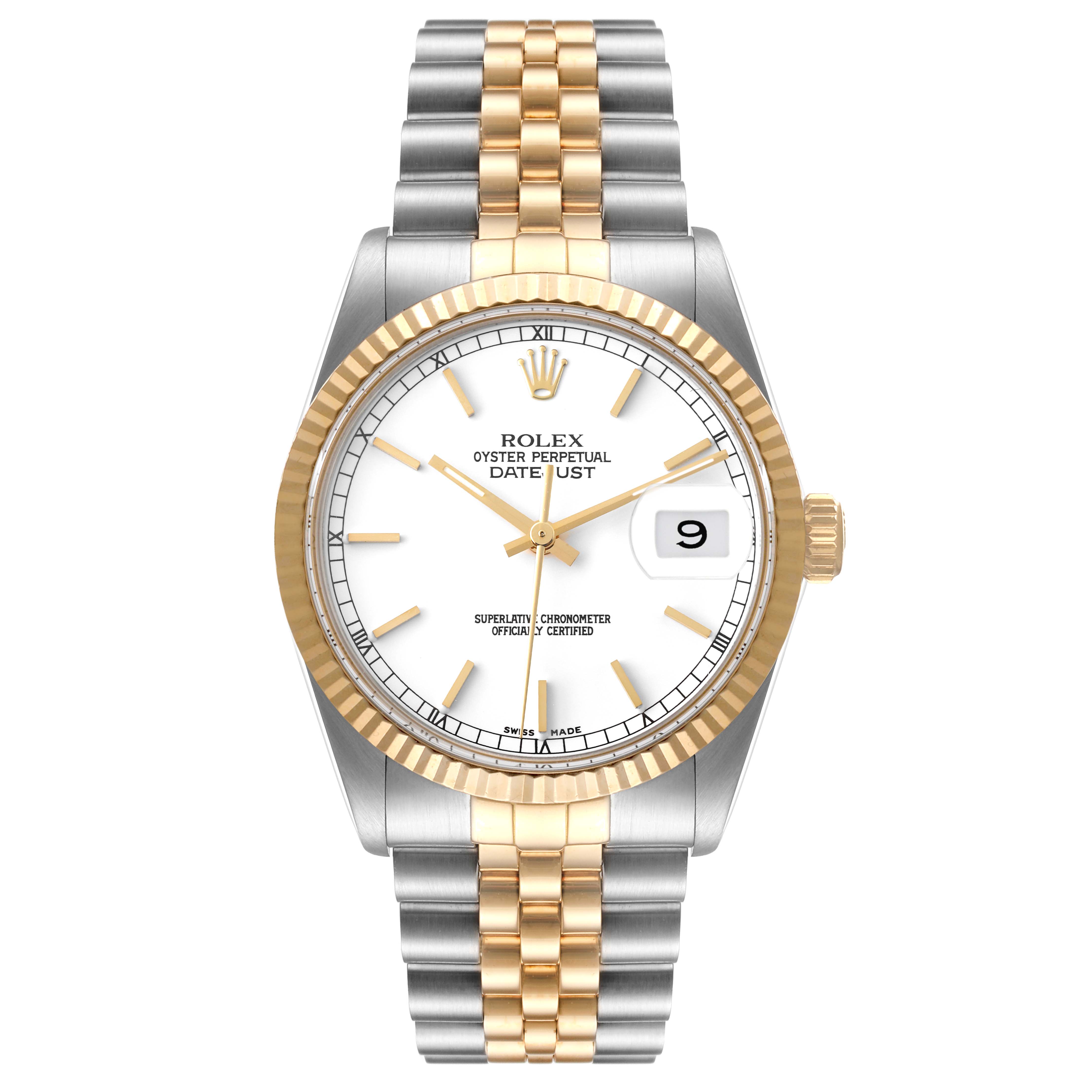 The Rolex Vintage Collection 16013 Men's Steel and Gold (two tone) White Dial 16013 Men's Steel and Gold (two tone) White Dial model is displayed from the front, showing the gold and stainless steel bracelet and white dial.