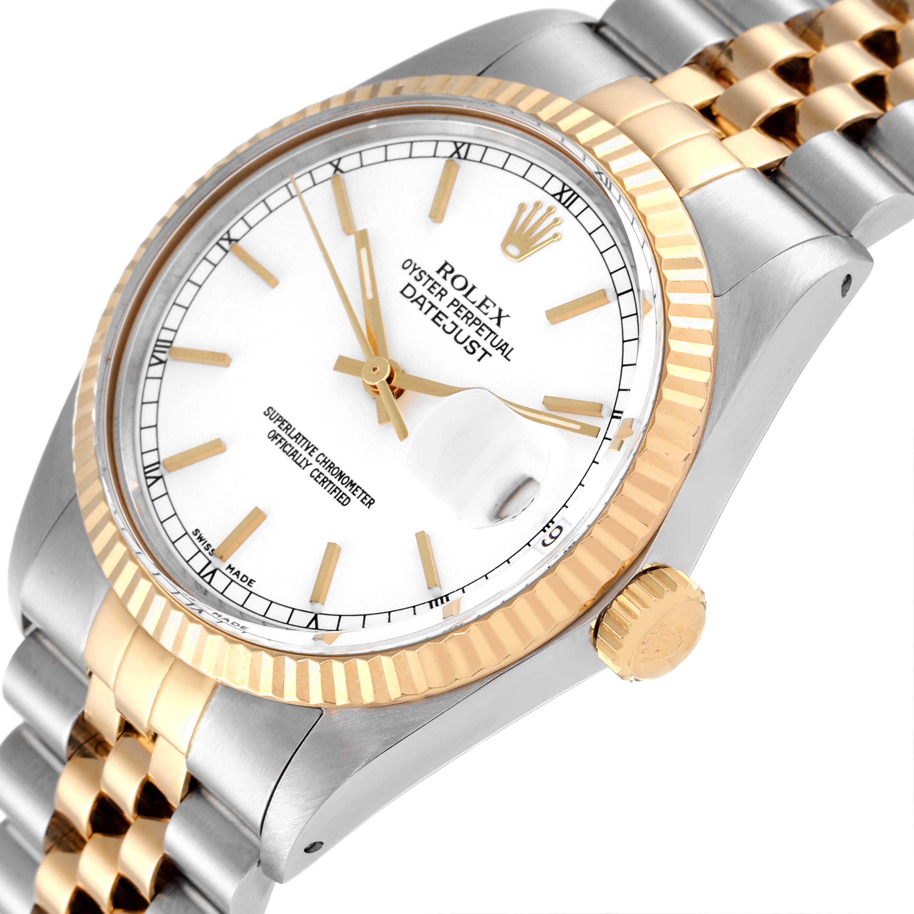 The image shows a side view of the Rolex Vintage Collection 16013 Men's Steel and Gold (two tone) White Dial 16013 Men's Steel and Gold (two tone) White Dial watch model with a gold bezel, white dial, and gold-tone fluted crown.
