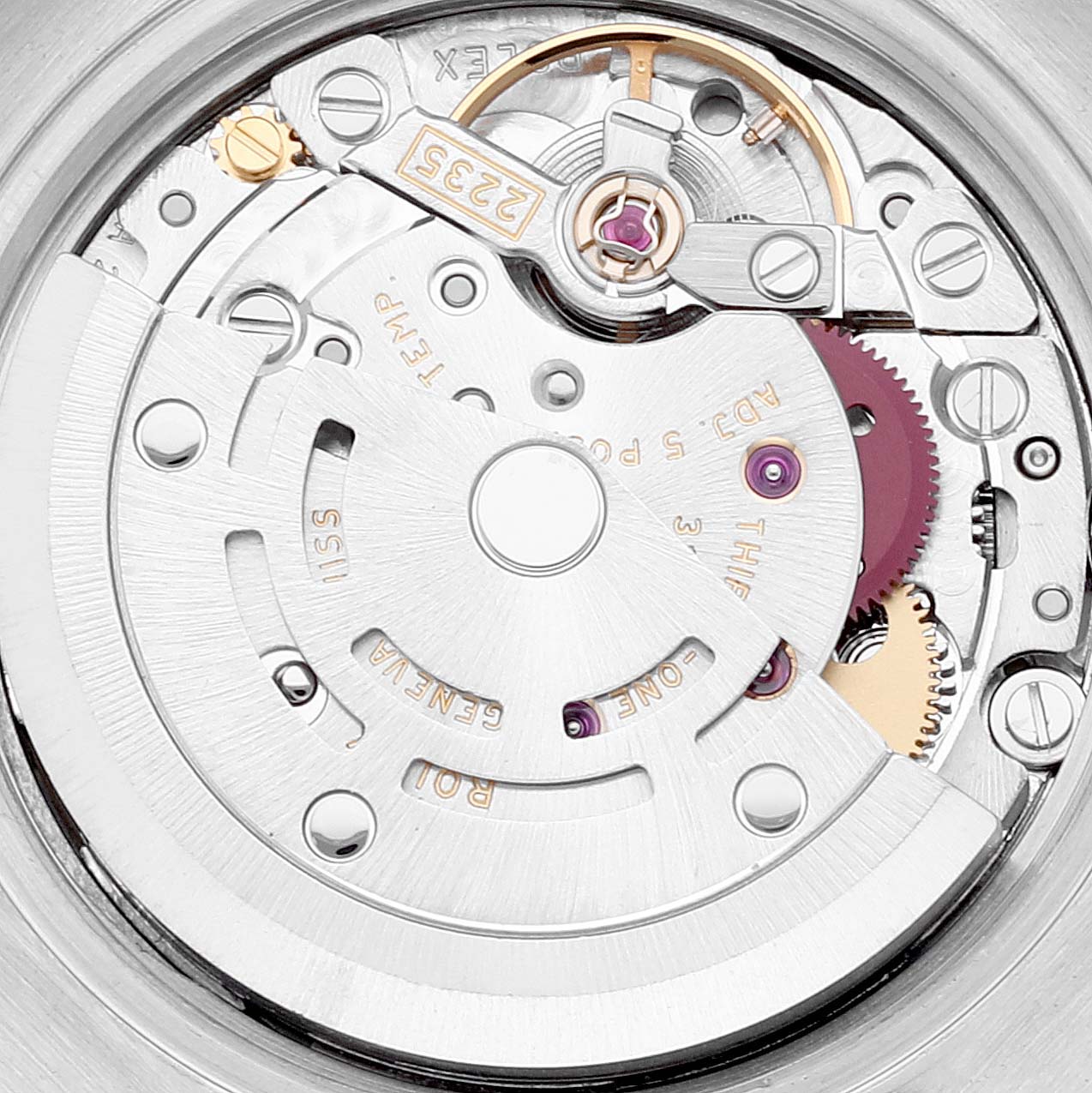 The image shows a close-up view of the movement mechanism of a Rolex Datejust 179173 Women's Steel and Gold (two tone) White Dial 179173 Women's Steel and Gold (two tone) White Dial watch.