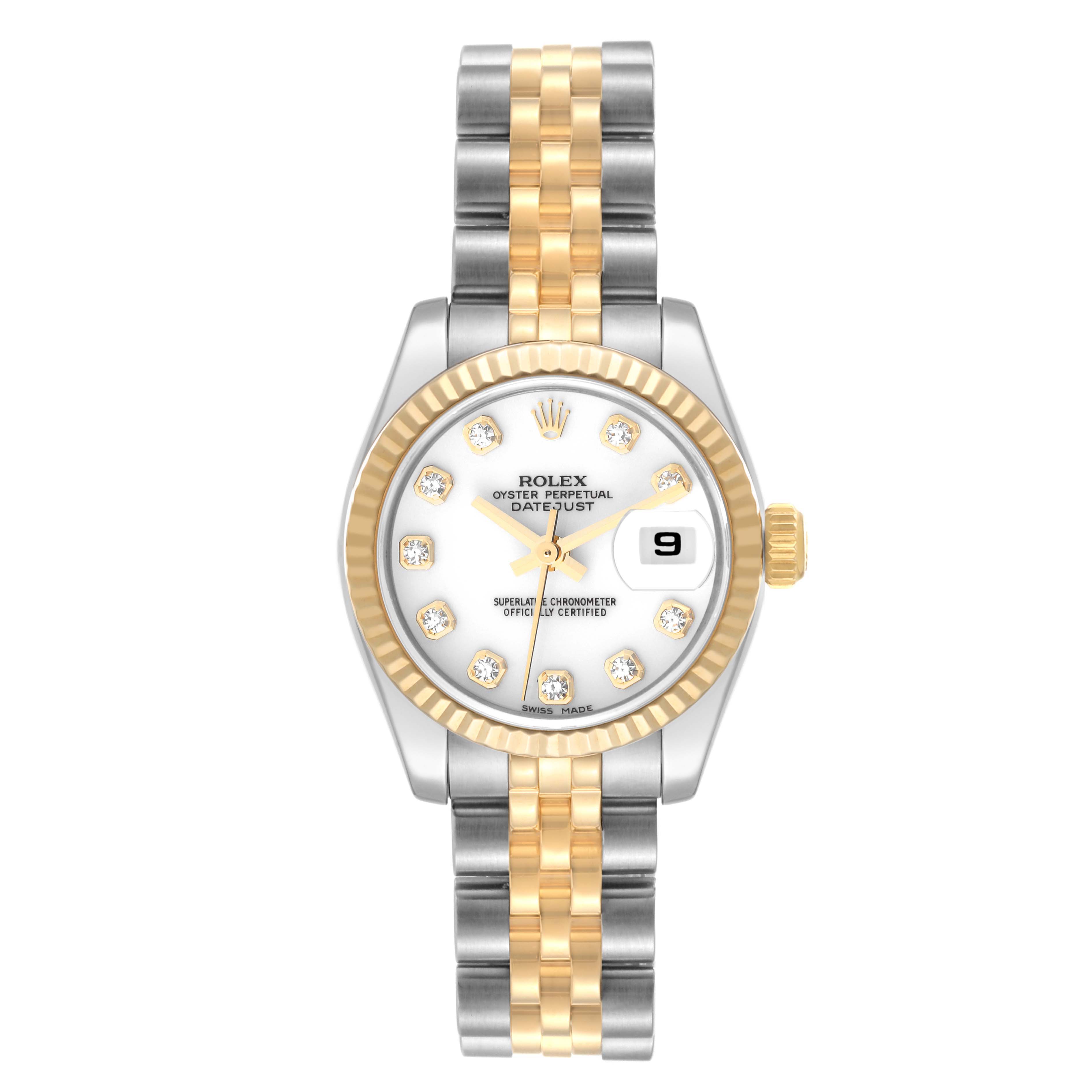 The image shows a Rolex Datejust 179173 Women's Steel and Gold (two tone) White Dial 179173 Women's Steel and Gold (two tone) White Dial watch from a straight-on angle, highlighting the two-tone bracelet, fluted bezel, and white dial with diamond markers.