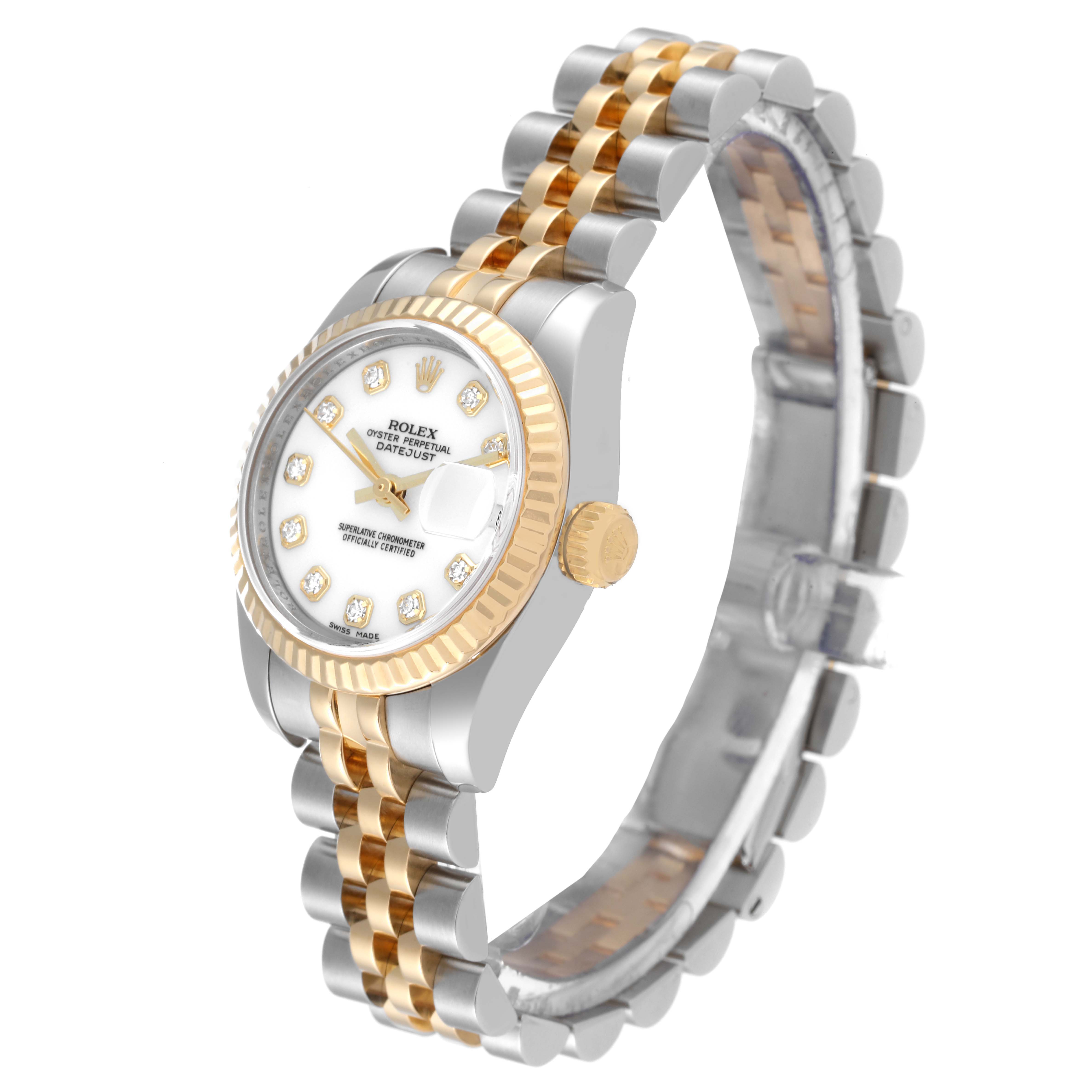 The image shows a Rolex Datejust 179173 Women's Steel and Gold (two tone) White Dial 179173 Women's Steel and Gold (two tone) White Dial watch at an angled view highlighting its dual-tone bracelet and diamond-set dial.