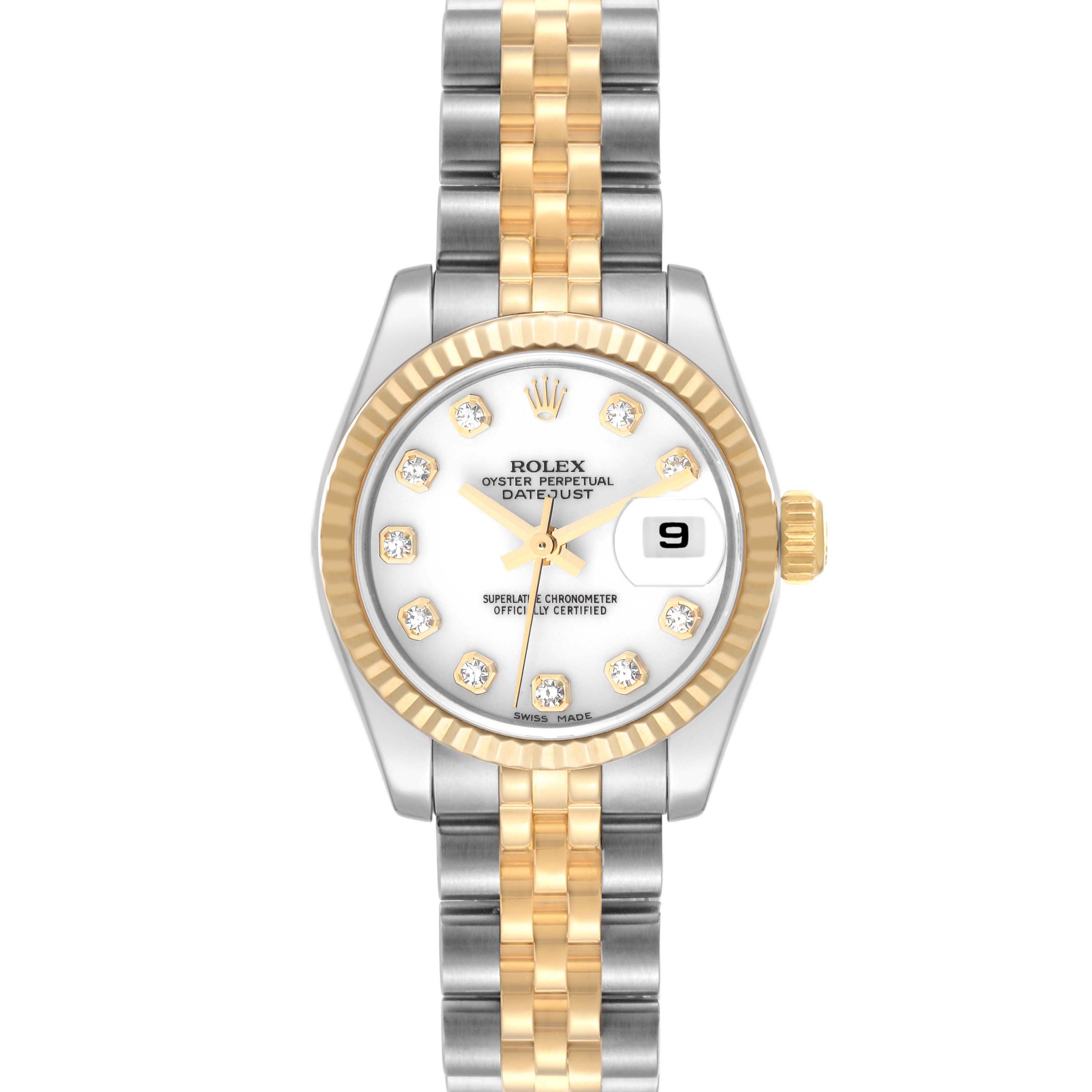 This image shows a Rolex Datejust 179173 Women's Steel and Gold (two tone) White Dial 179173 Women's Steel and Gold (two tone) White Dial watch from the front, highlighting its face, bezel, and two-tone bracelet.