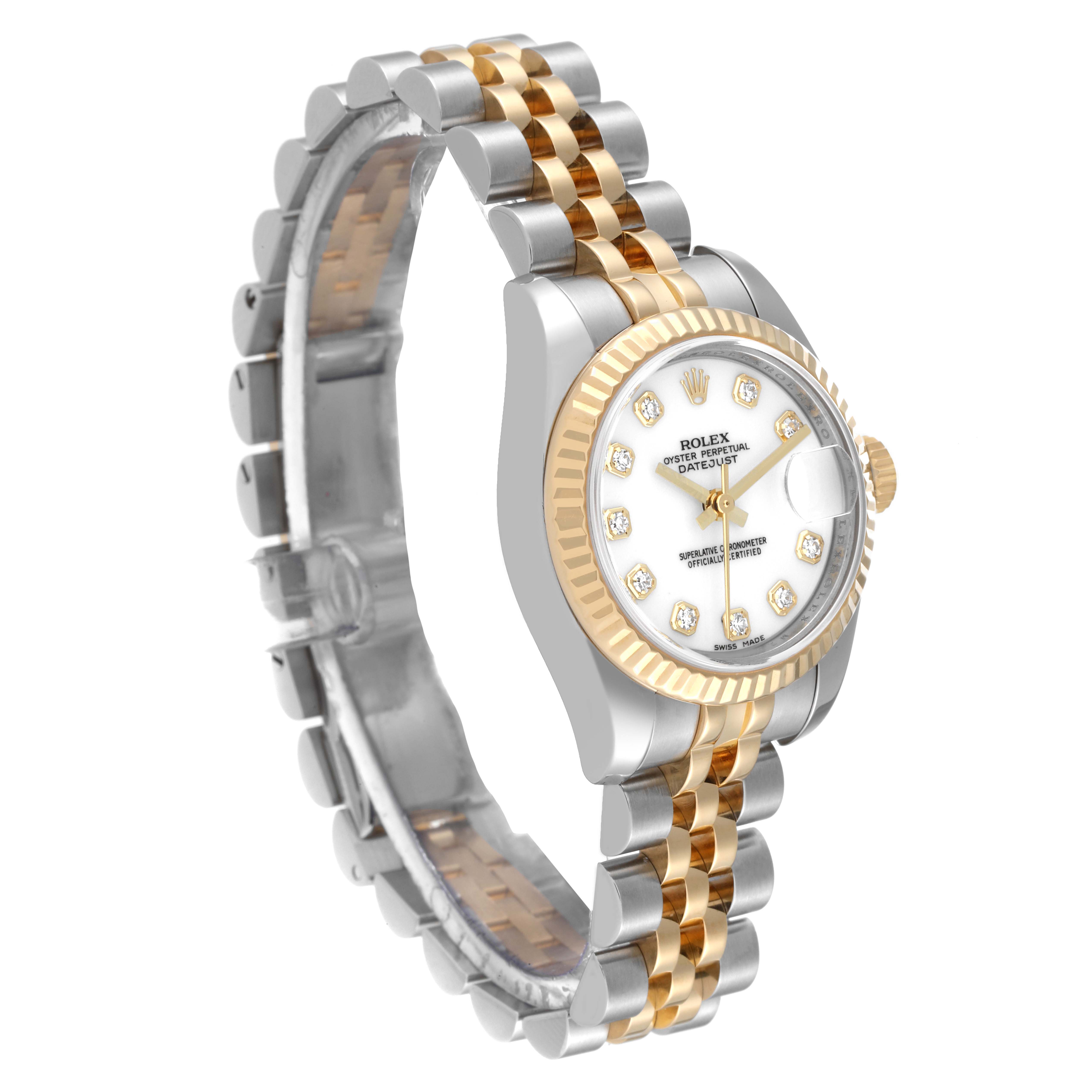 This image shows a side view of a Rolex Datejust 179173 Women's Steel and Gold (two tone) White Dial 179173 Women's Steel and Gold (two tone) White Dial with a two-tone metal bracelet and diamond hour markers on the dial.