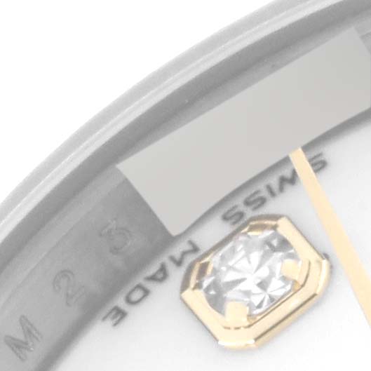 The image shows a close-up of the dial, specifically the hour marker with a diamond and the "Swiss Made" text on the Rolex Datejust 179173 Women's Steel and Gold (two tone) White Dial 179173 Women's Steel and Gold (two tone) White Dial watch.
