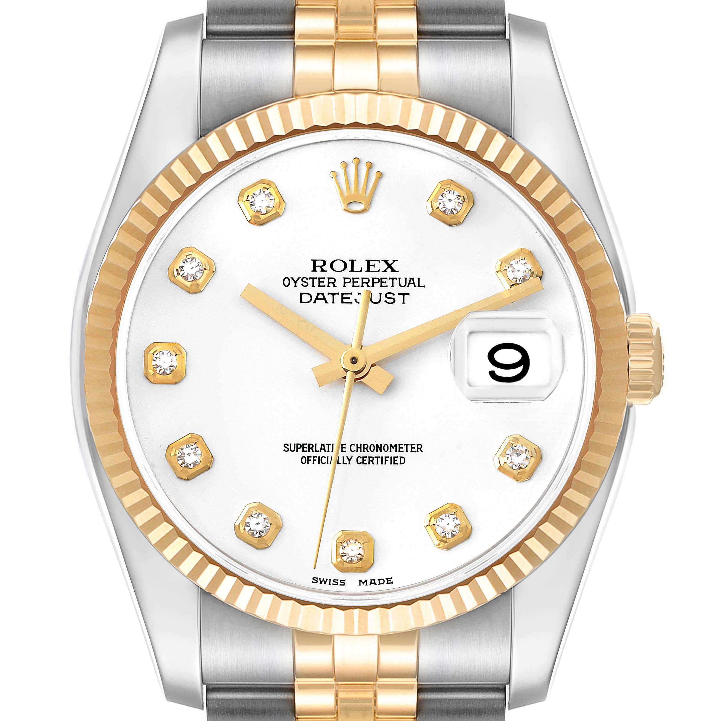This image shows the front view of a Rolex Datejust 116233 Men's Steel and Gold (two tone) White Dial 116233 Men's Steel and Gold (two tone) White Dial watch, highlighting its dial, bezel, and part of the bracelet.
