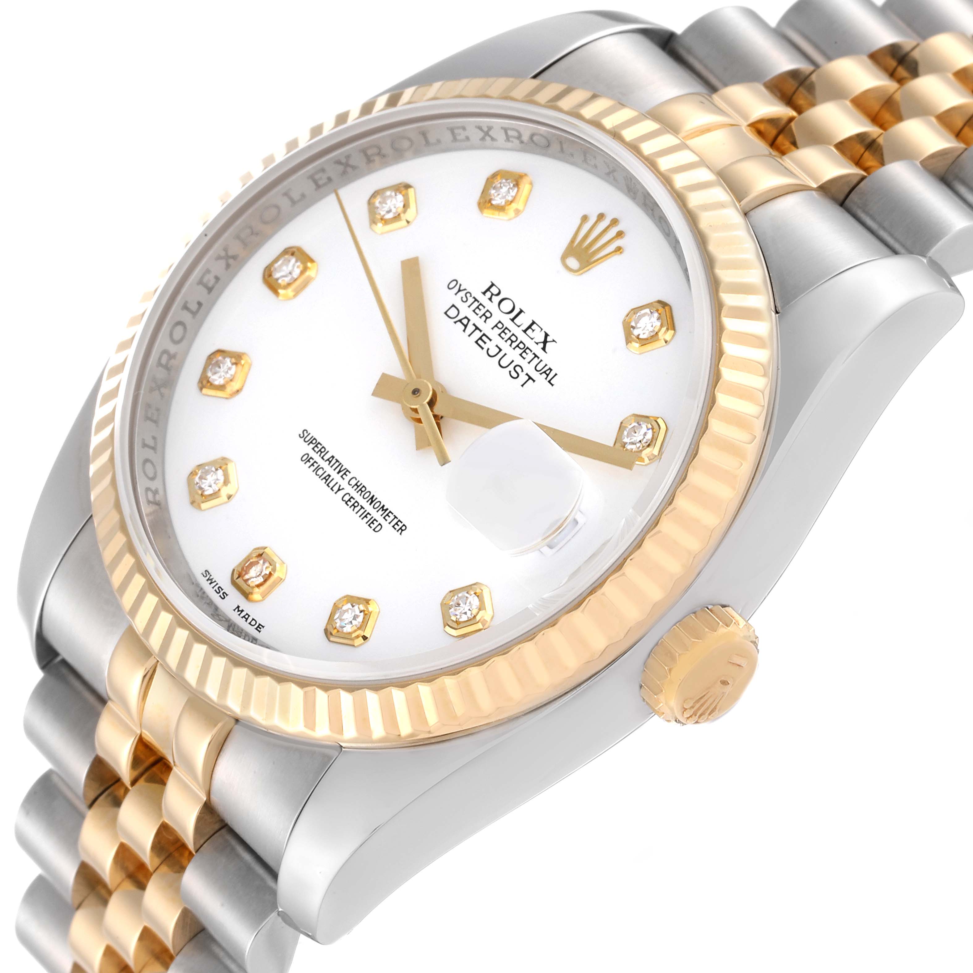 The image shows a close-up, angled view of a Rolex Datejust 116233 Men's Steel and Gold (two tone) White Dial 116233 Men's Steel and Gold (two tone) White Dial watch, highlighting its dial, bezel, and part of the bracelet.