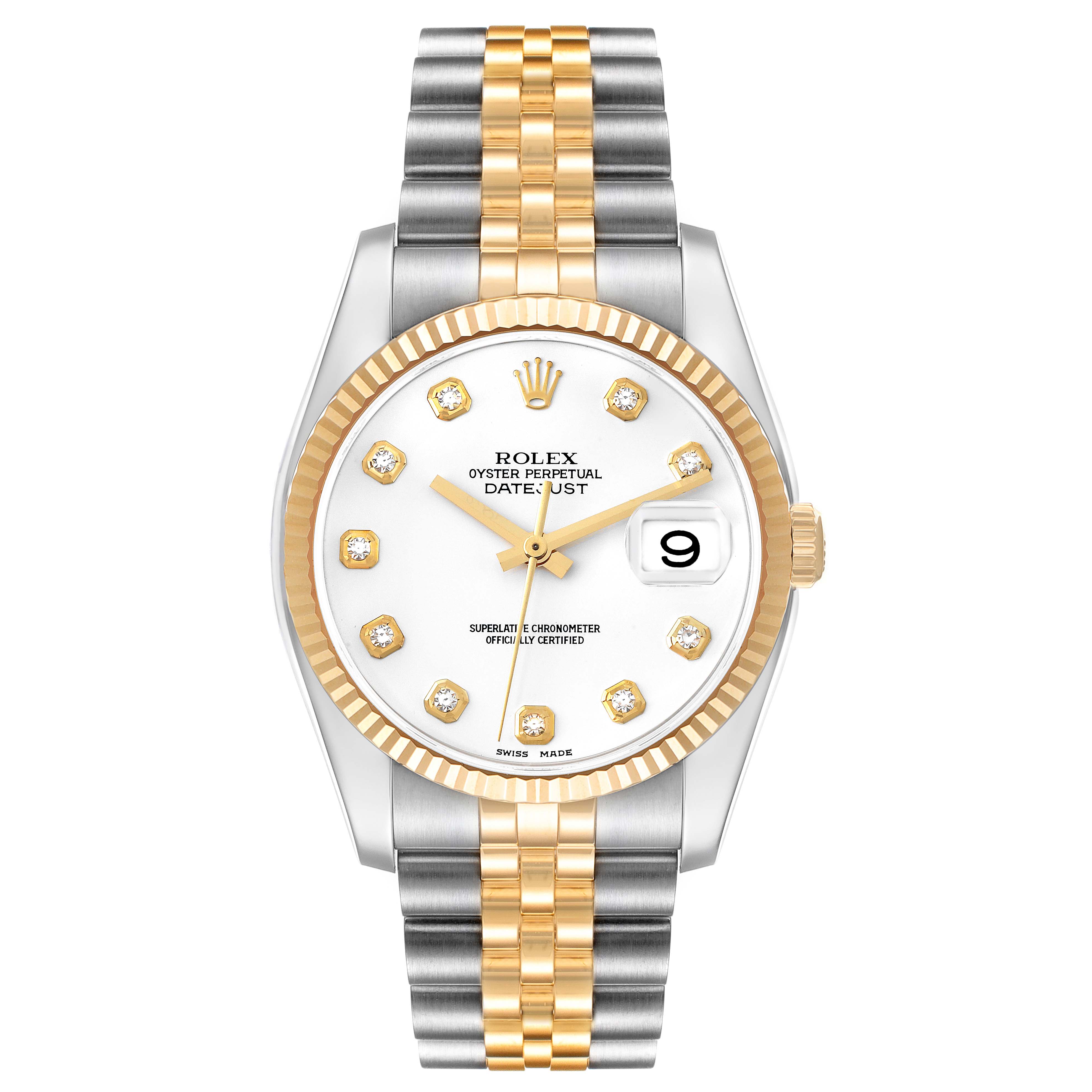 This image shows a Rolex Datejust 116233 Men's Steel and Gold (two tone) White Dial 116233 Men's Steel and Gold (two tone) White Dial watch from the front, highlighting its dial, bezel, and bracelet.