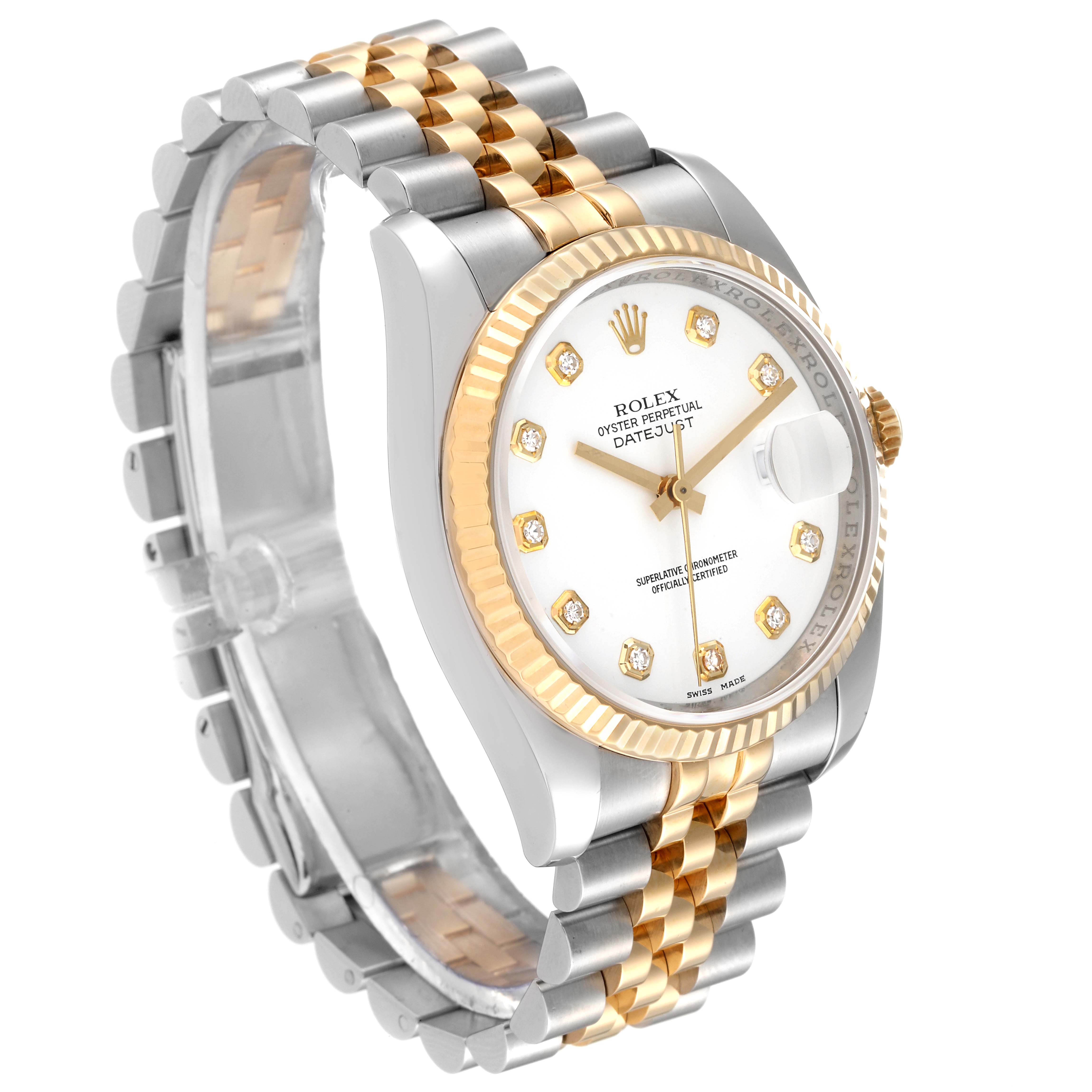 The image shows a Rolex Datejust 116233 Men's Steel and Gold (two tone) White Dial 116233 Men's Steel and Gold (two tone) White Dial watch at a slight angle, highlighting its two-tone bracelet, fluted bezel, and diamond hour markers.