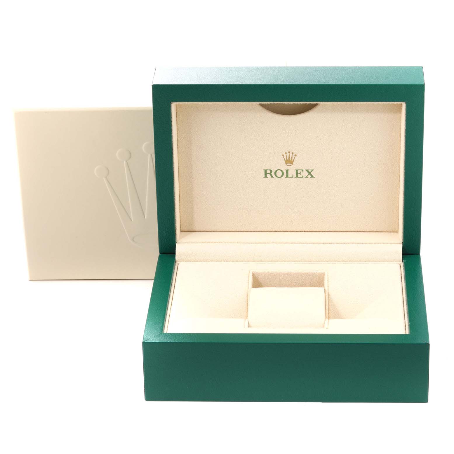 This is an open green and beige Rolex Datejust 116233 Men's Steel and Gold (two tone) White Dial 116233 Men's Steel and Gold (two tone) White Dial watch box with the Rolex logo on the inside.