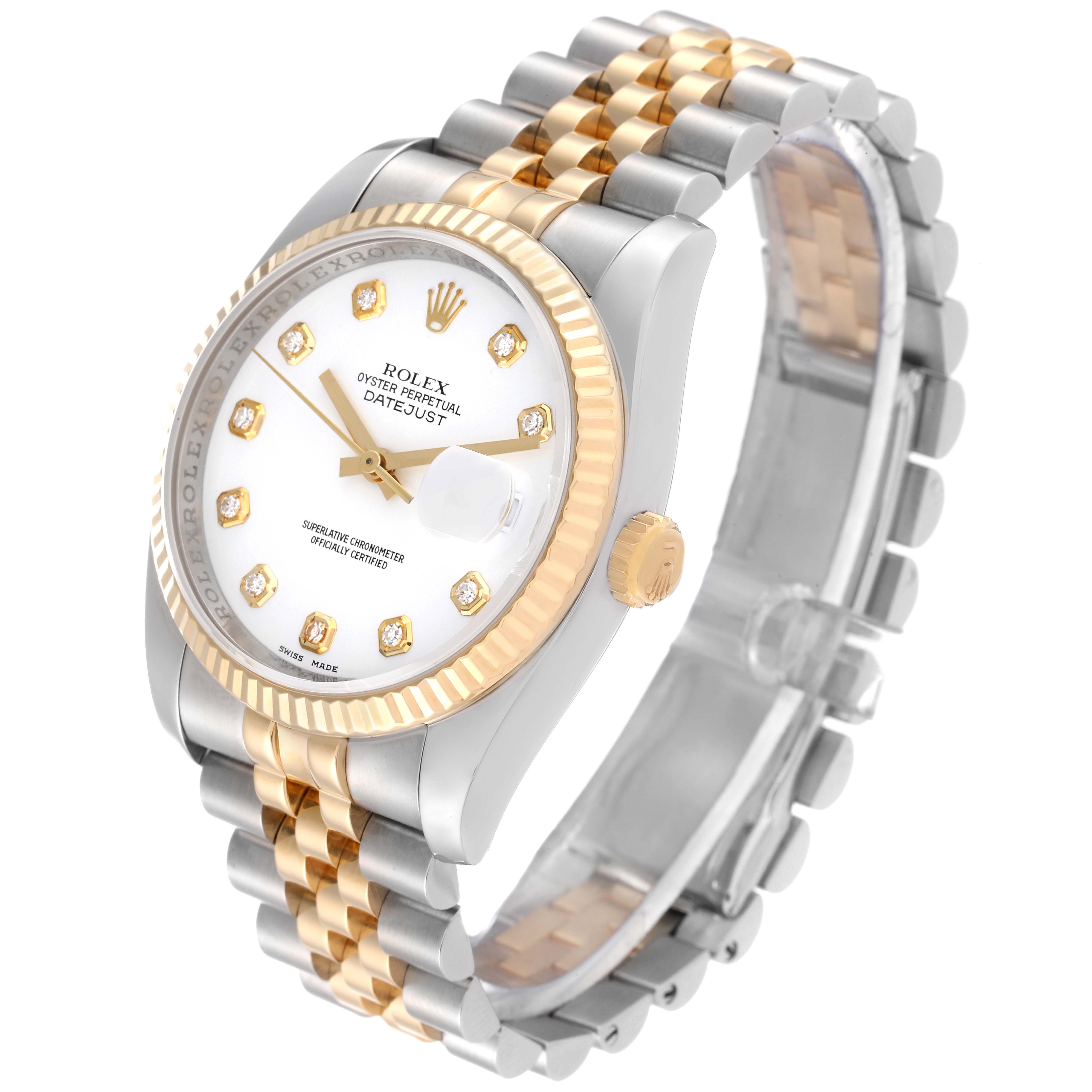 The image shows a Rolex Datejust 116233 Men's Steel and Gold (two tone) White Dial 116233 Men's Steel and Gold (two tone) White Dial watch at a three-quarter angle, highlighting the face, bezel, crown, and bracelet.